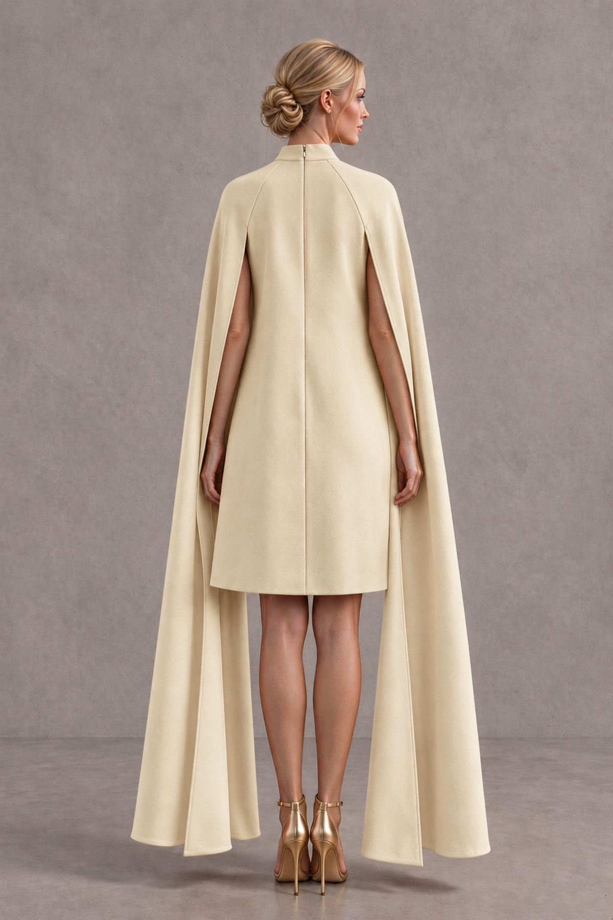 BOLODOO Champagne High Neck Floral Cape Mini Cocktail Dress - Champagne - Champagne_3