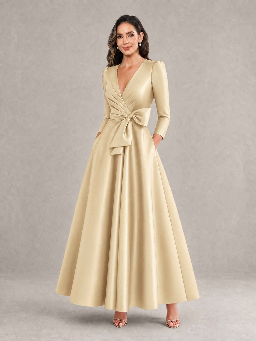 BOLODOO Champagne Satin Deep V-Neck Wrap 3/4 Puff Sleeve A-Line Ball Gown Maxi Dress with Oversized Bow Belt - Champagne
