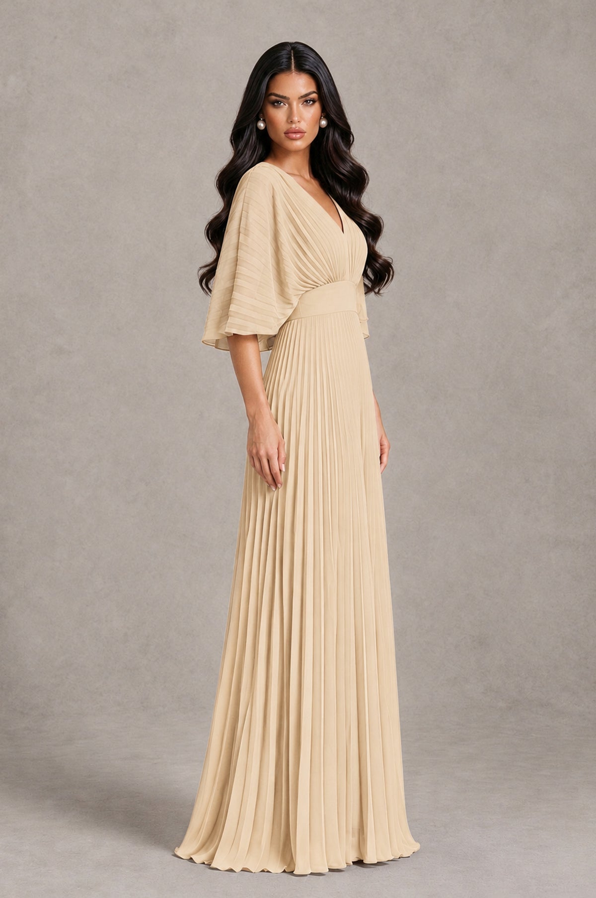 BOLODOO Champagne V-Neck Pleated Flutter Sleeve Formal Dress - Champagne - Champagne_3