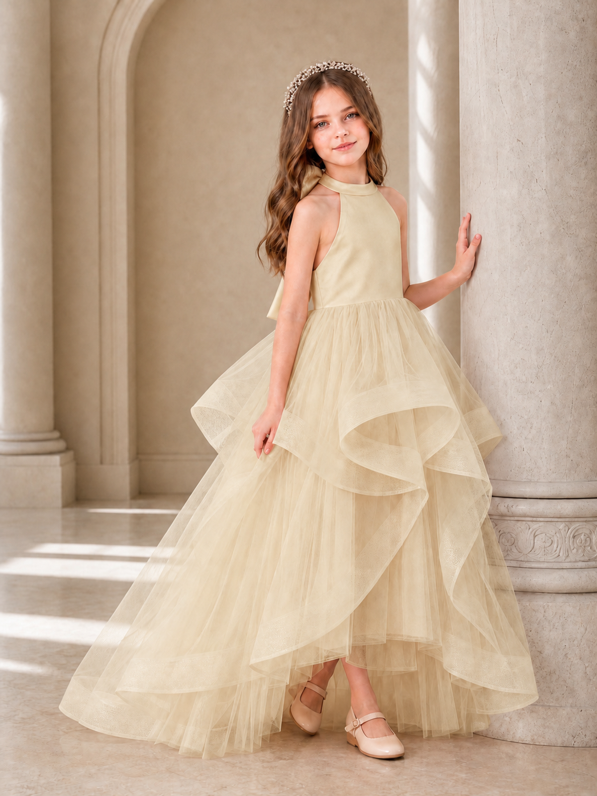 BOLODOO Champagne Halter Tiered Tulle Flower Girl Dress with Bow Back - Champagne - Champagne_3