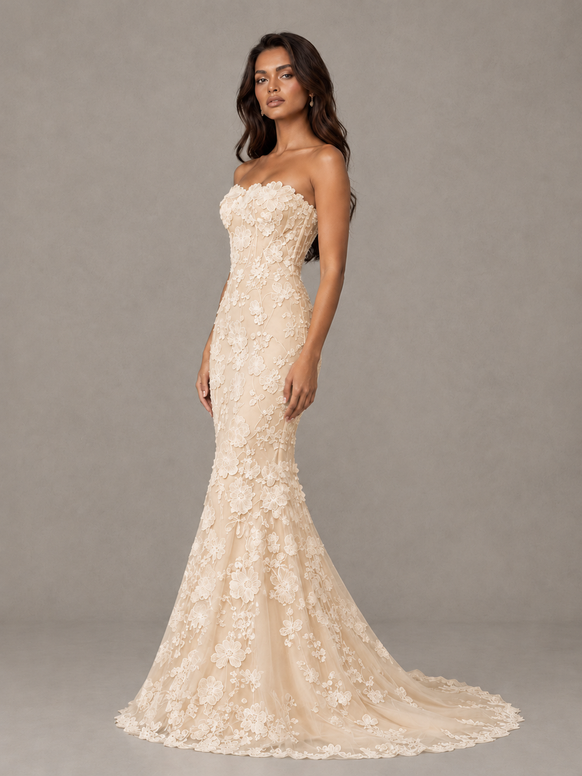 BOLODOO Champagne Strapless 3D Floral Lace Mermaid Prom Dress with Train - Champagne - Champagne_3