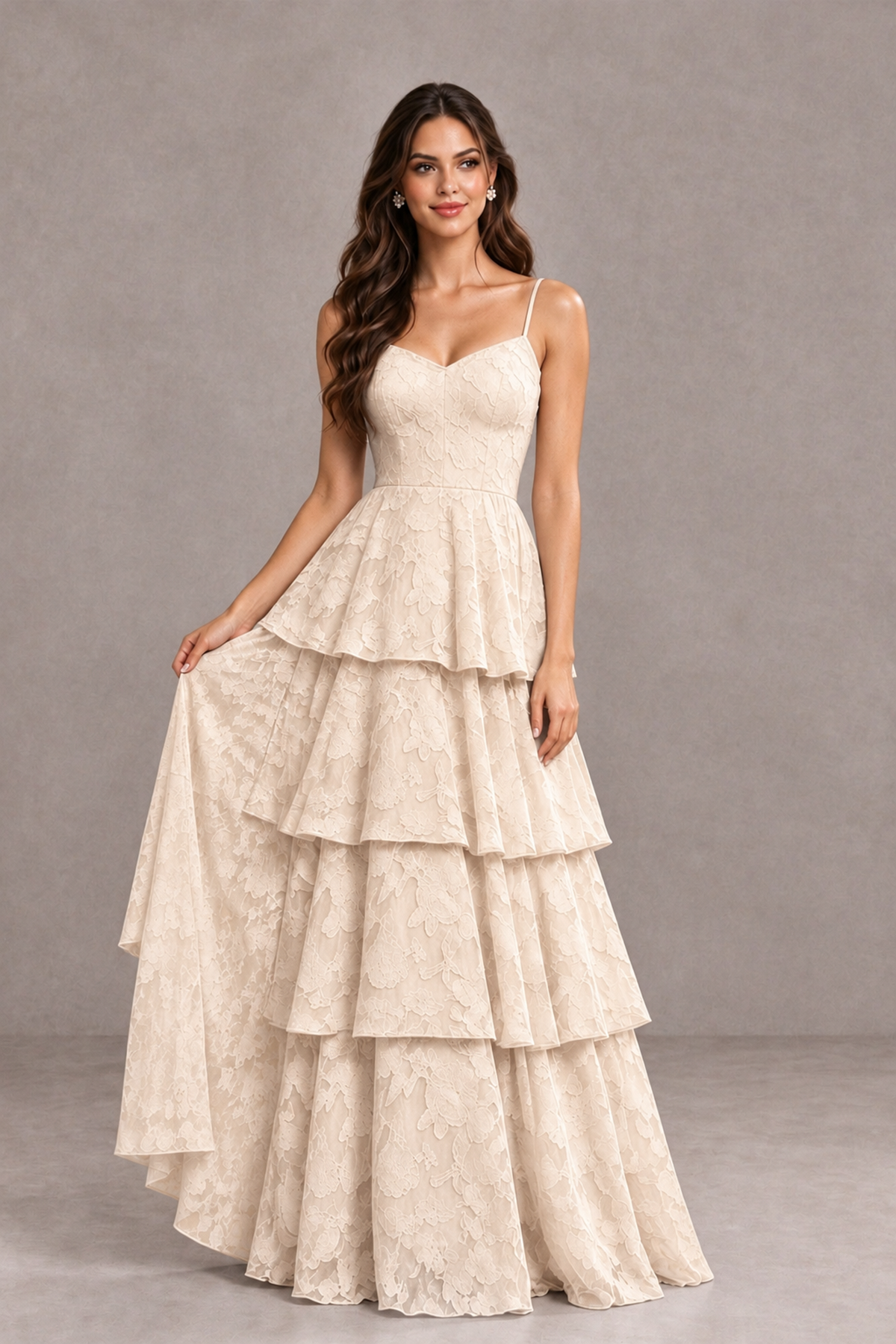 BOLODOO Champagne Tiered Floral-Textured Spaghetti Strap Maxi Dress - Champagne - Champagne_3