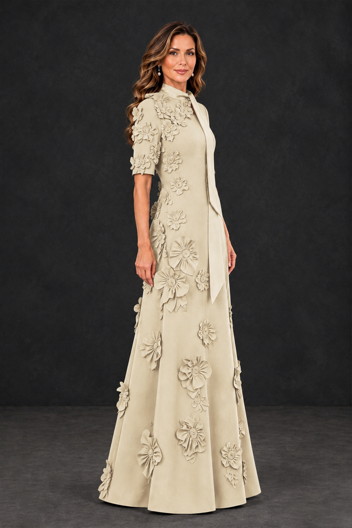 BOLODOO Champagne Floral Applique High-Neck Half-Sleeve Gown - Champagne - Champagne_3