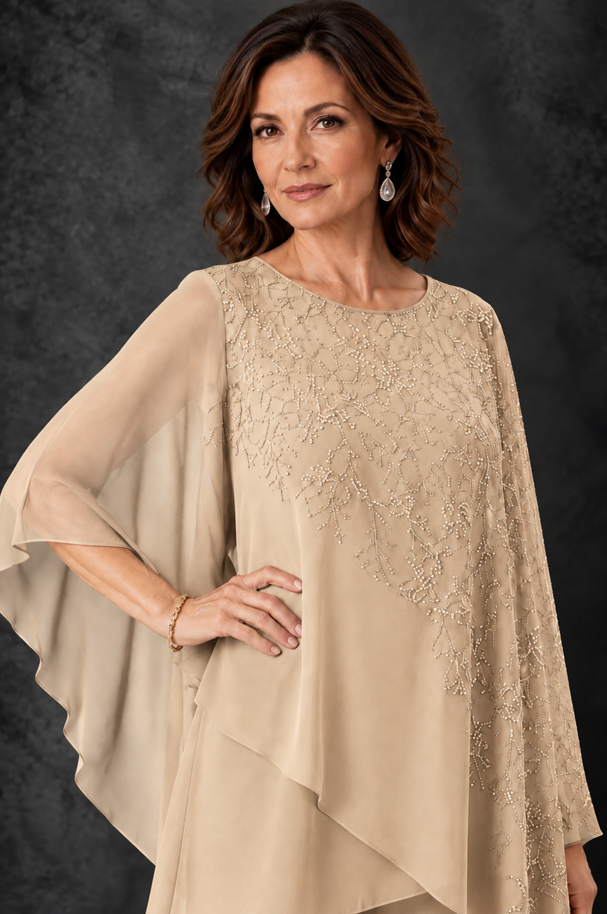BOLODOO Champagne Embellished Cape Pant Suit for Mother of the Bride - Champagne - Champagne_3