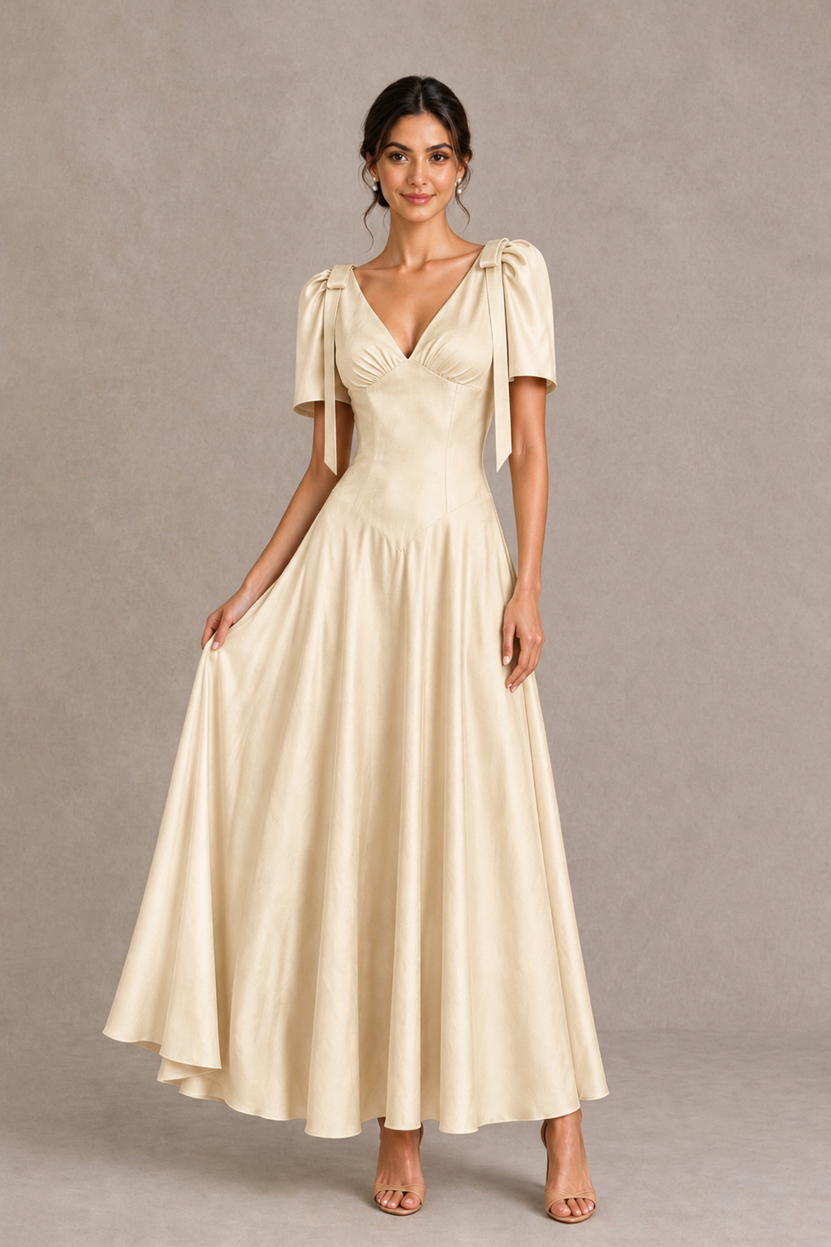 BOLODOO Champagne V-Neck Short Sleeve Satin-Look Bridesmaid Dress with Shoulder Bows - Champagne - Champagne_3
