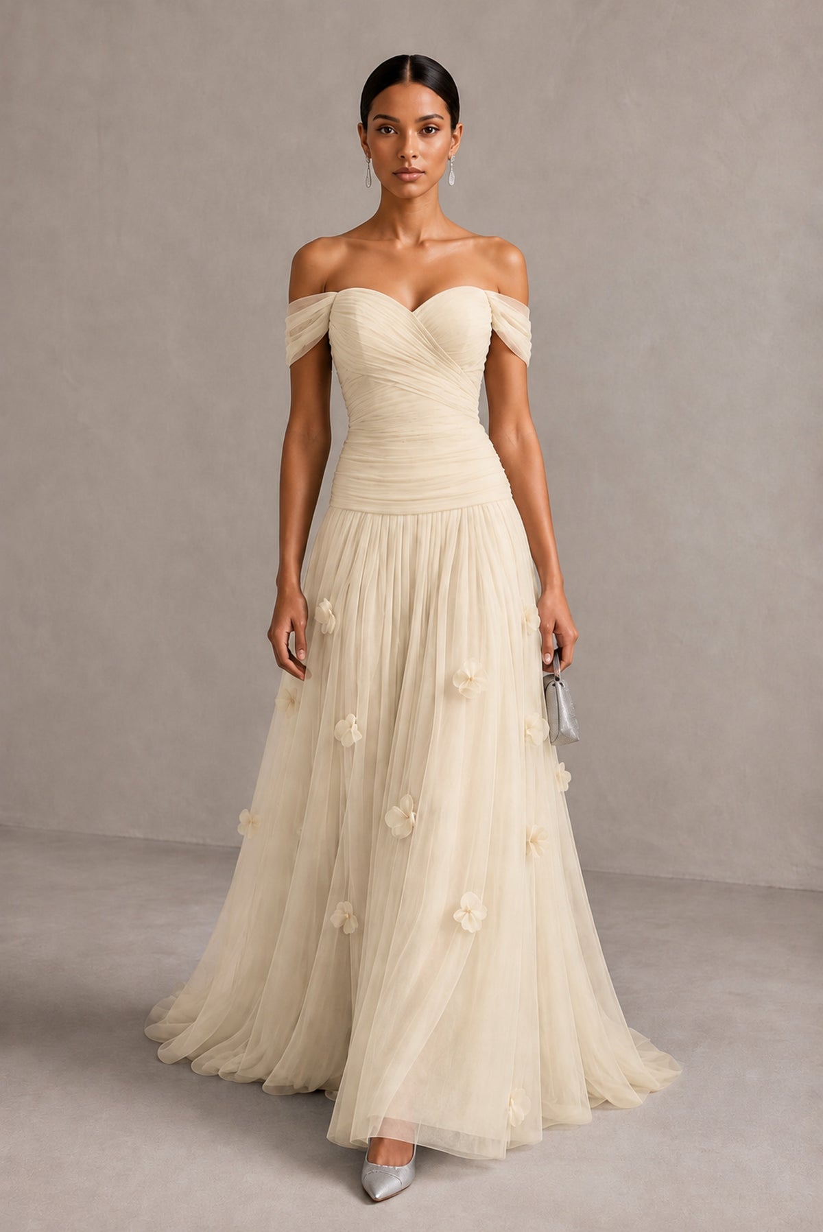 Champagne Off-Shoulder Sweetheart A-Line Tulle Gown with 3D Floral Appliques | BOLODOO - Champagne