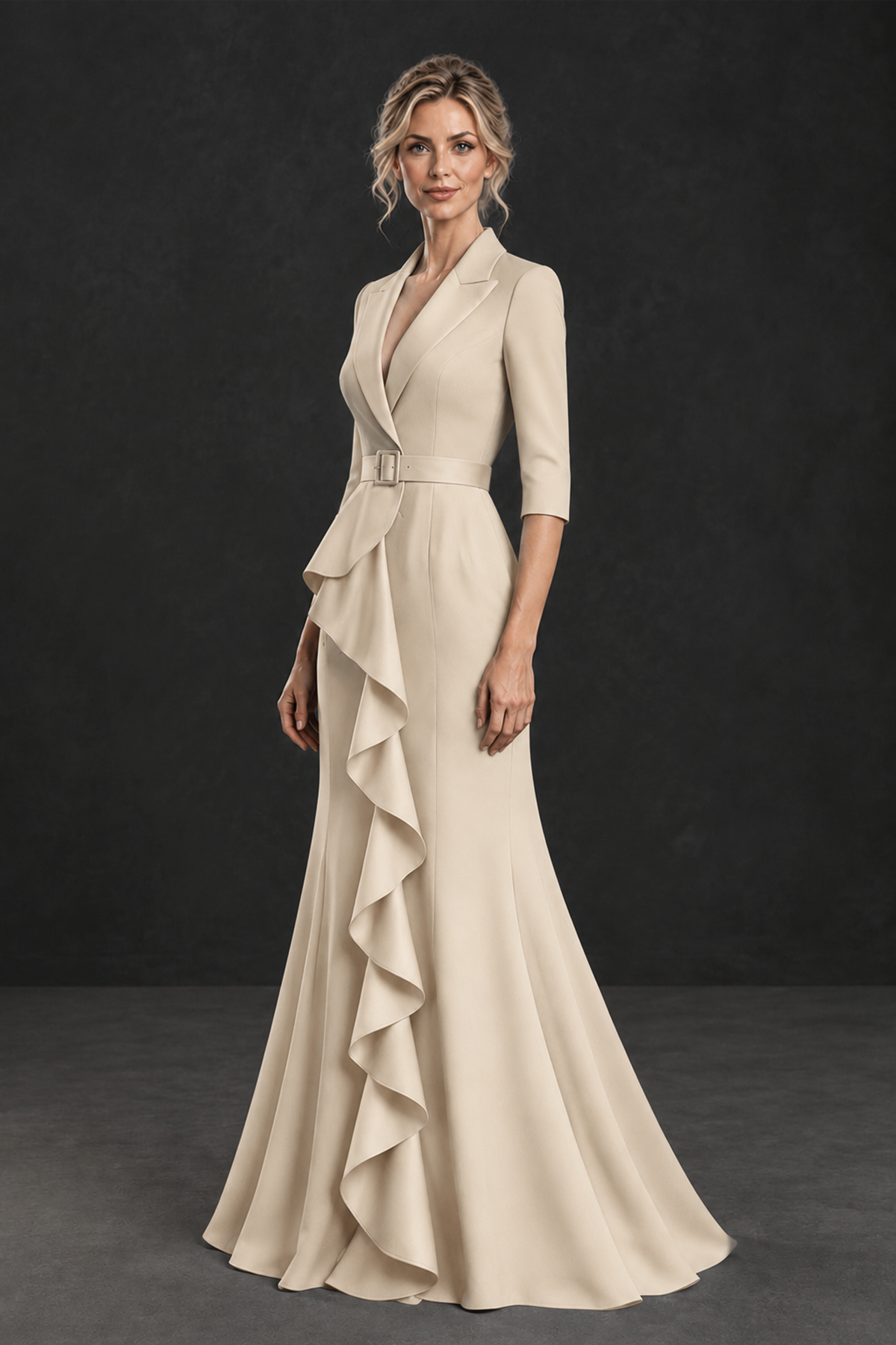 BOLODOO Champagne Lapel Ruffle Mother of the Bride Dress with Belt - Champagne - Champagne_3