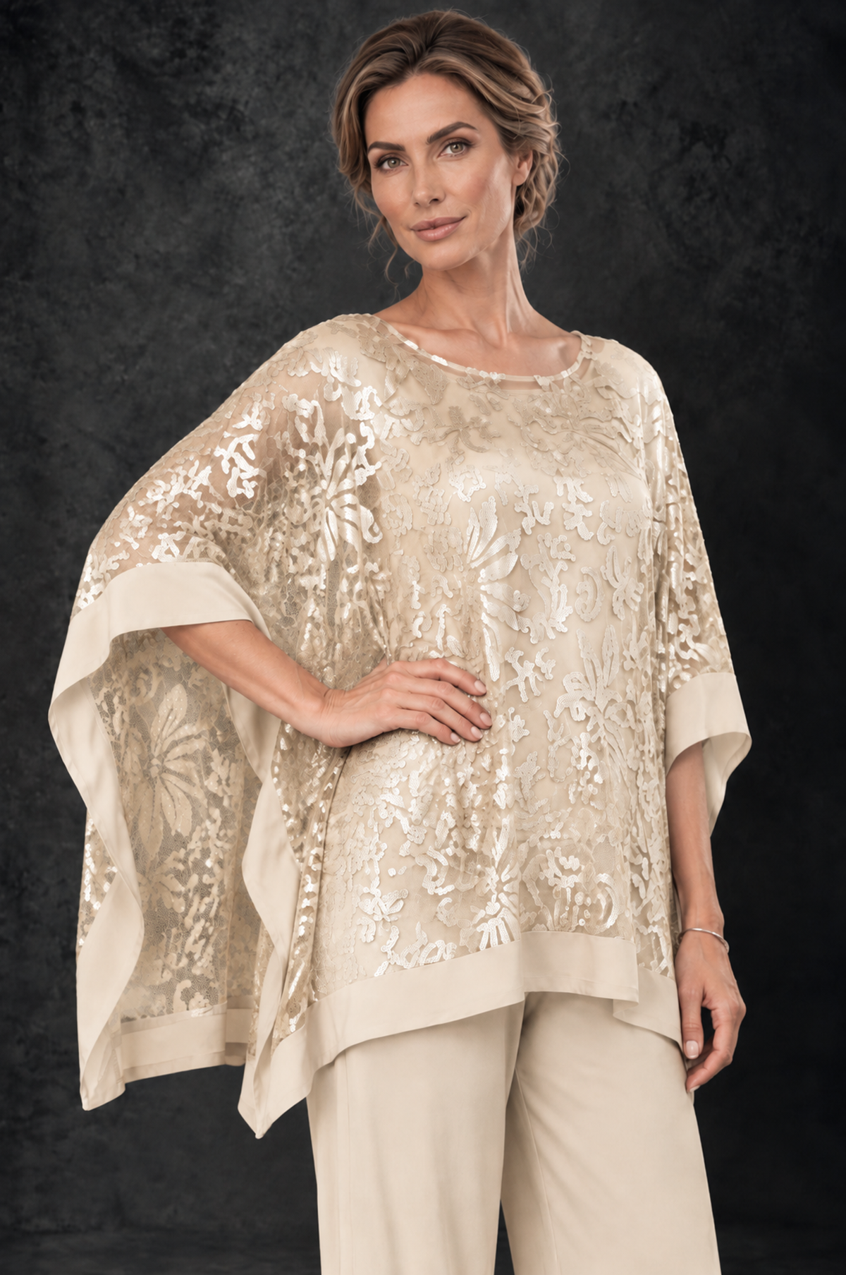 BOLODOO Champagne Floral Cape Mother of the Bride Pant Suit - Champagne - Champagne_3