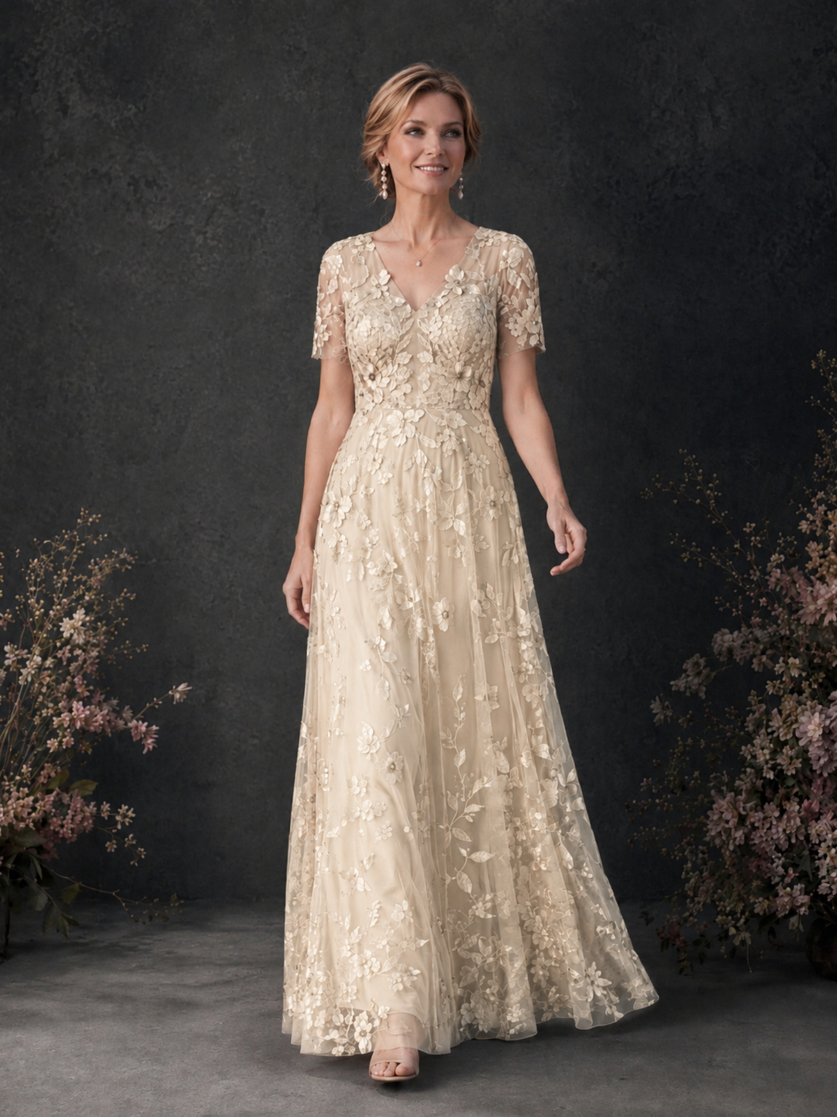 BOLODOO Champagne 3D Floral Embroidered Lace V-Neck Short Sleeve A-Line Maxi Dress - Champagne