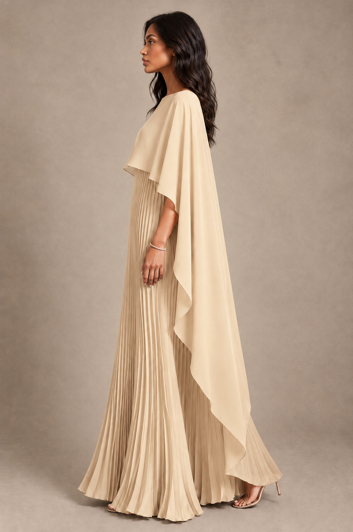 BOLODOO Champagne Pleated Cape A-Line Evening Dress - Champagne - Champagne_3