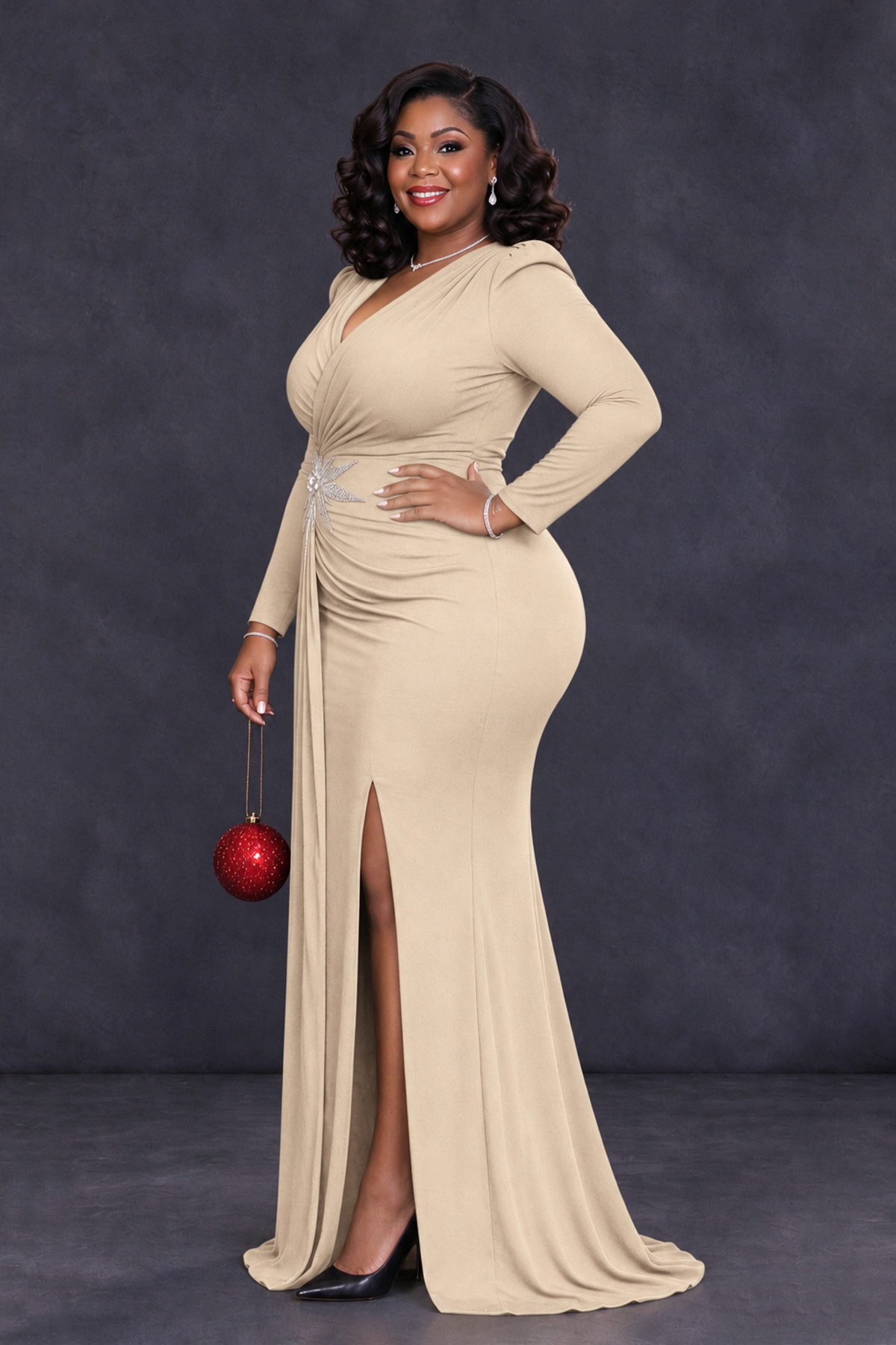 BOLODOO Champagne Plus Size Long Sleeve V-Neck Mother of the Bride Dress with Slit - Champagne - Champagne_3