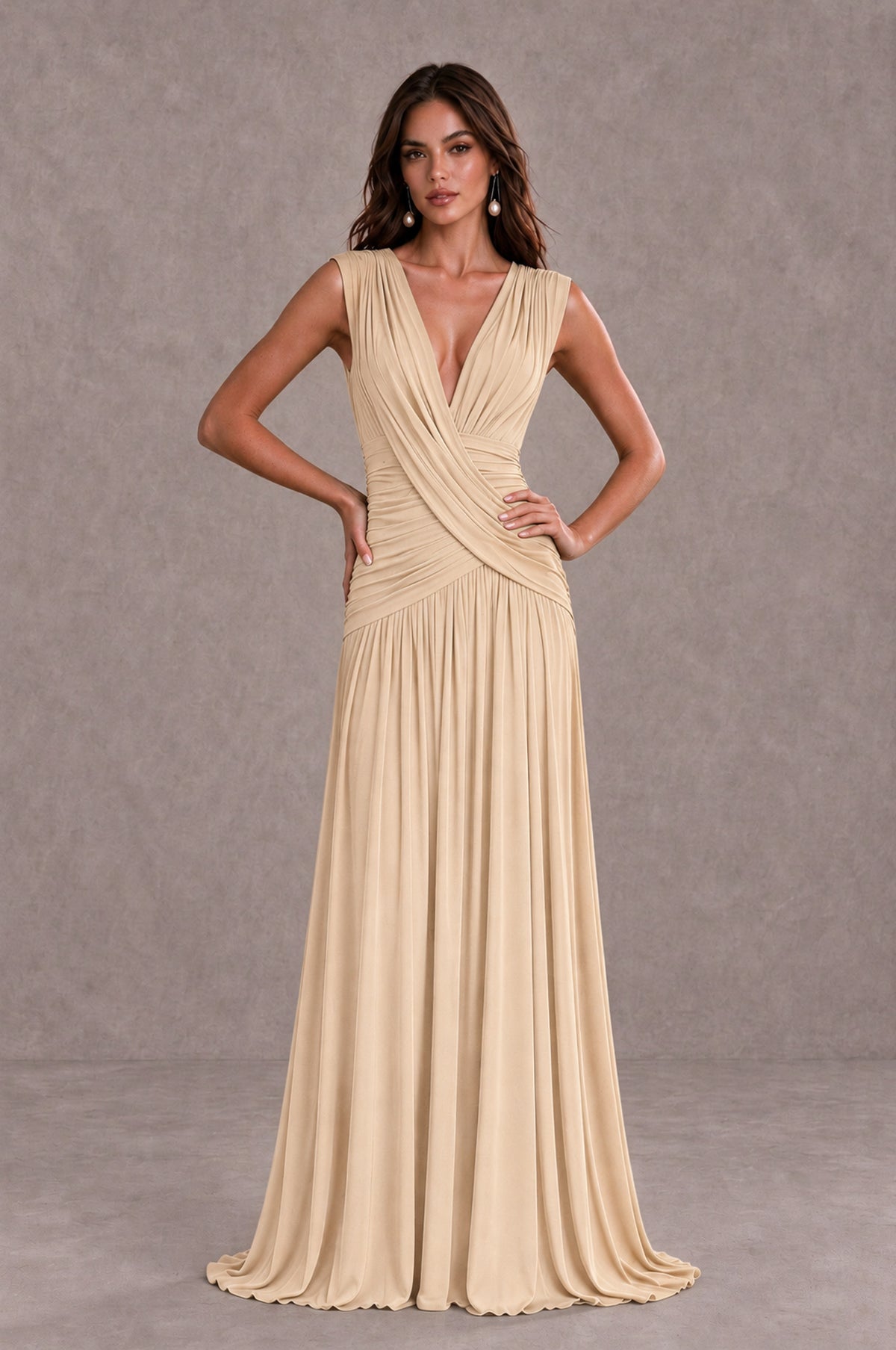 BOLODOO Champagne V-Neck Ruched Wedding Guest Dress - Champagne - Champagne_3
