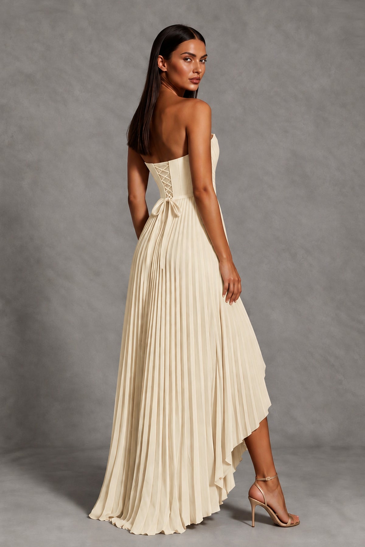 Champagne Strapless Pleated High-Low Evening Gown with Ruffle Hem - Champagne