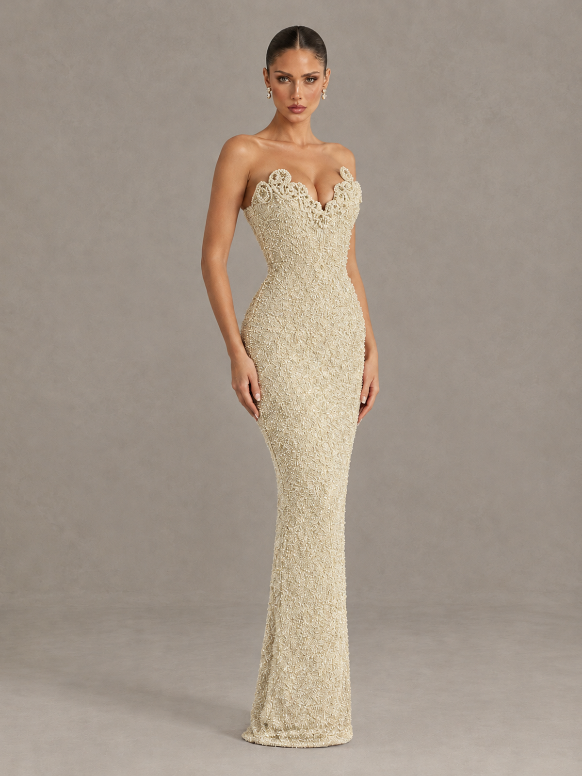 BOLODOO Champagne Strapless Sequin Evening Gown with Floral Neckline - Champagne - Champagne_3