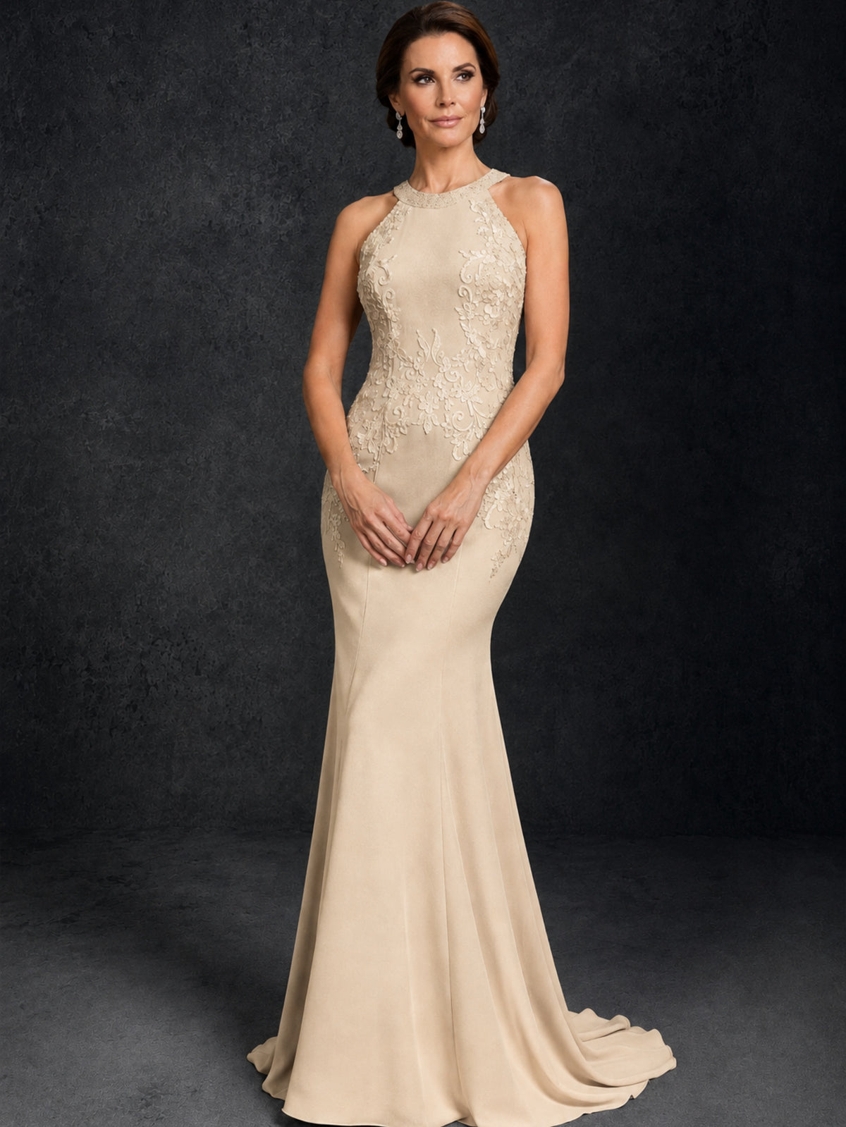 BOLODOO Champagne Lace Applique Halter Neck Sheer Back Mermaid Maxi Dress with Sweep Train - Champagne