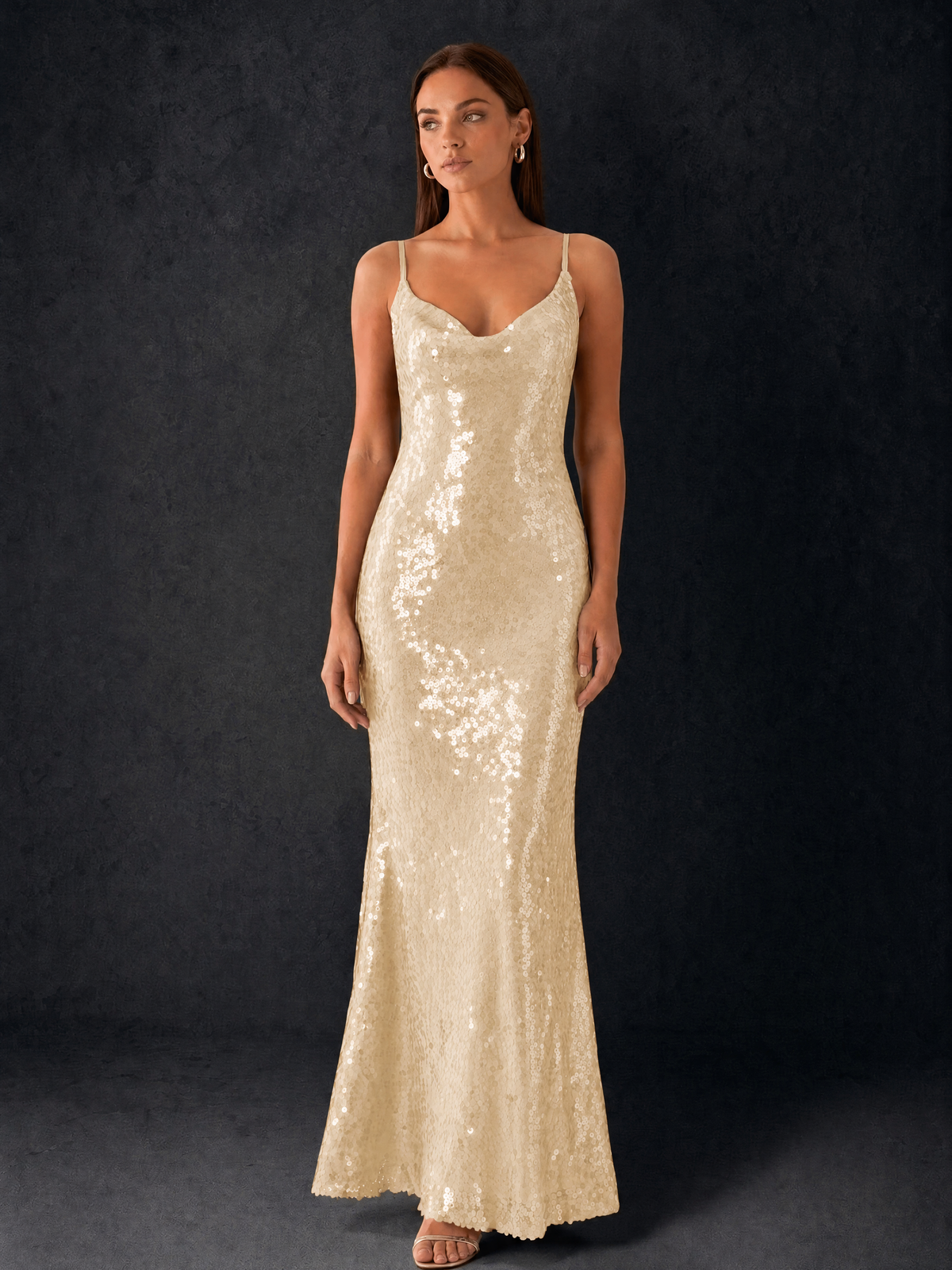 BOLODOO Bronze Sequin Cowl Neck Spaghetti Strap Mermaid Maxi Dress with Open Criss-Cross Back - Champagne - Champagne