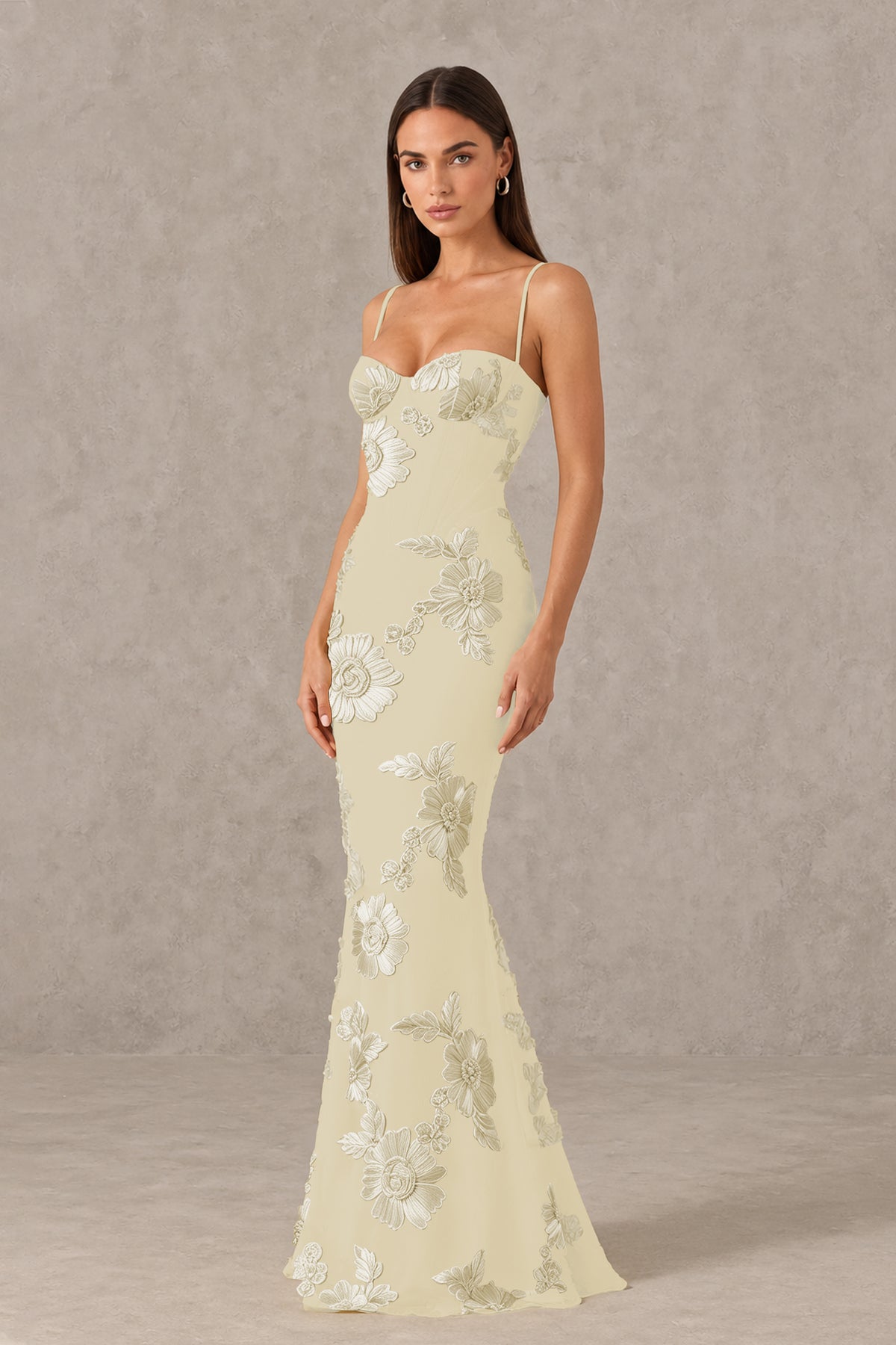 BOLODOO Champagne Floral Lace-Up Back Mermaid Maxi Dress - Champagne