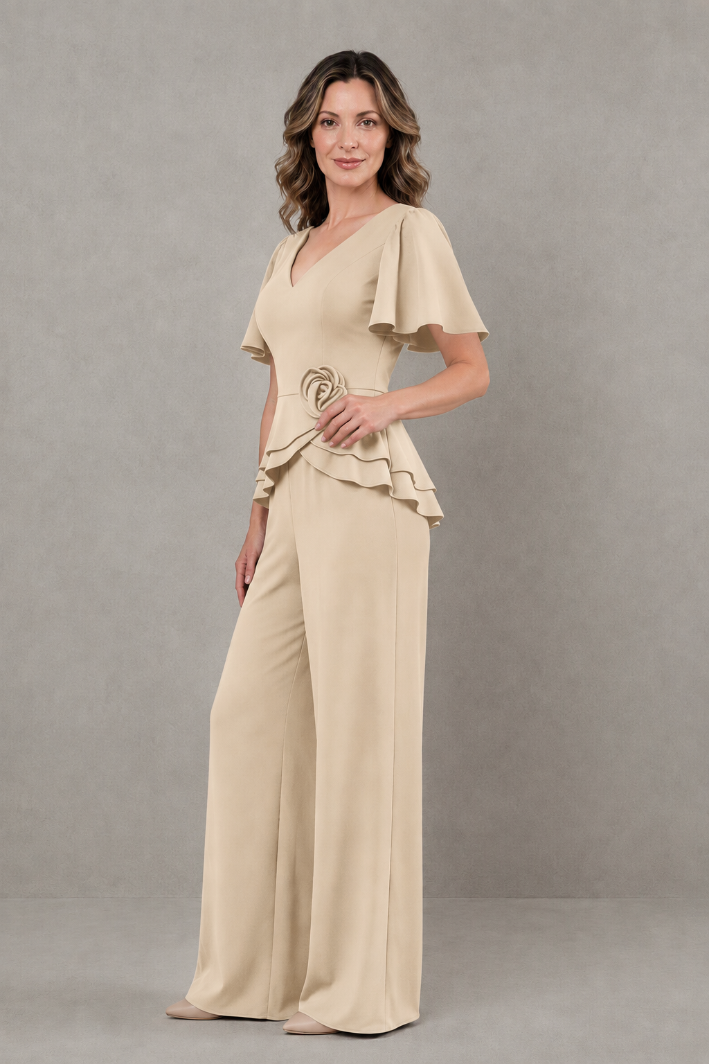 BOLODOO Champagne Flutter Sleeve Peplum Wide-Leg Pant Suit - Champagne