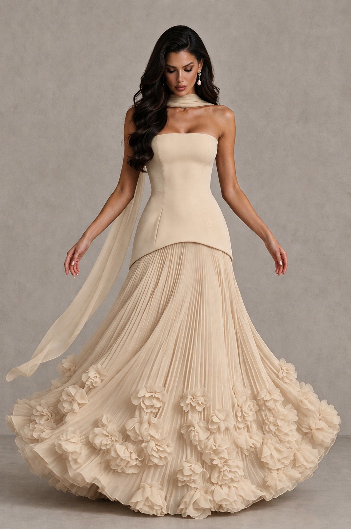 BOLODOO Champagne Strapless Pleated Floral Hem Evening Gown - Champagne - Champagne_3