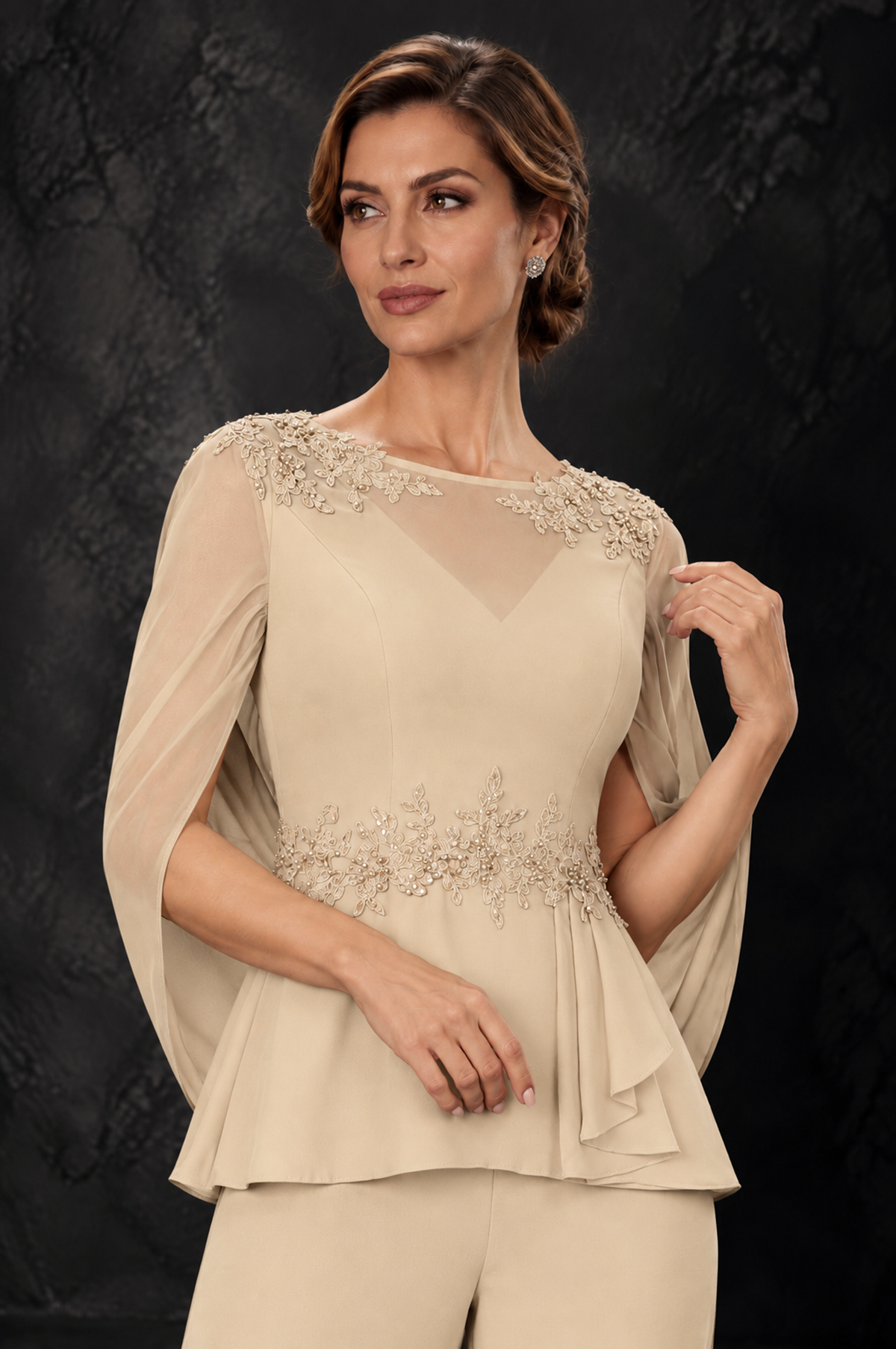 BOLODOO Champagne Embellished Cape Sleeve Mother of the Bride Pantsuit - Champagne - Champagne_3