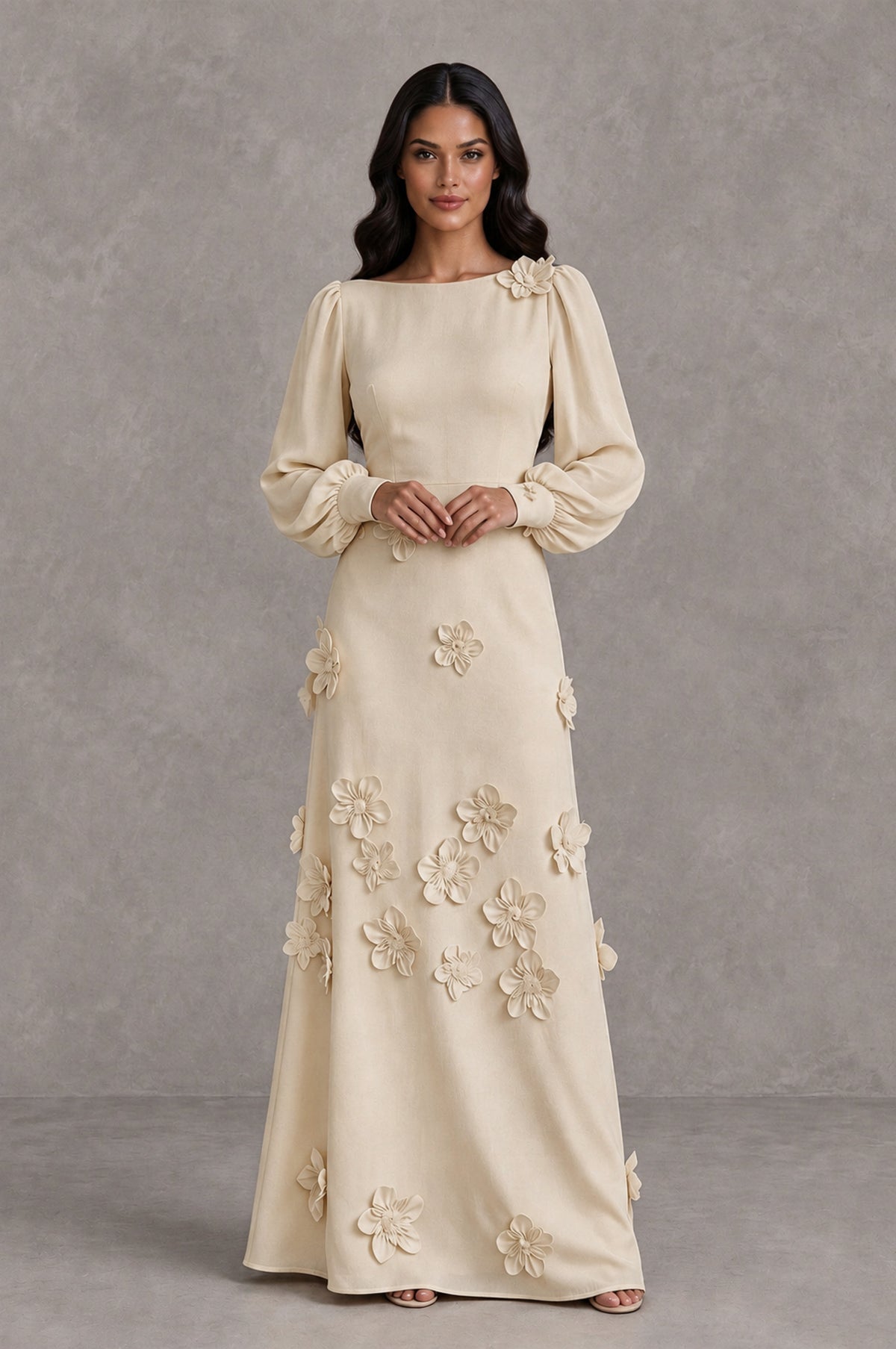 BOLODOO Champagne Long Sleeve Floral Applique A-Line Evening Dress - Champagne - Champagne_3