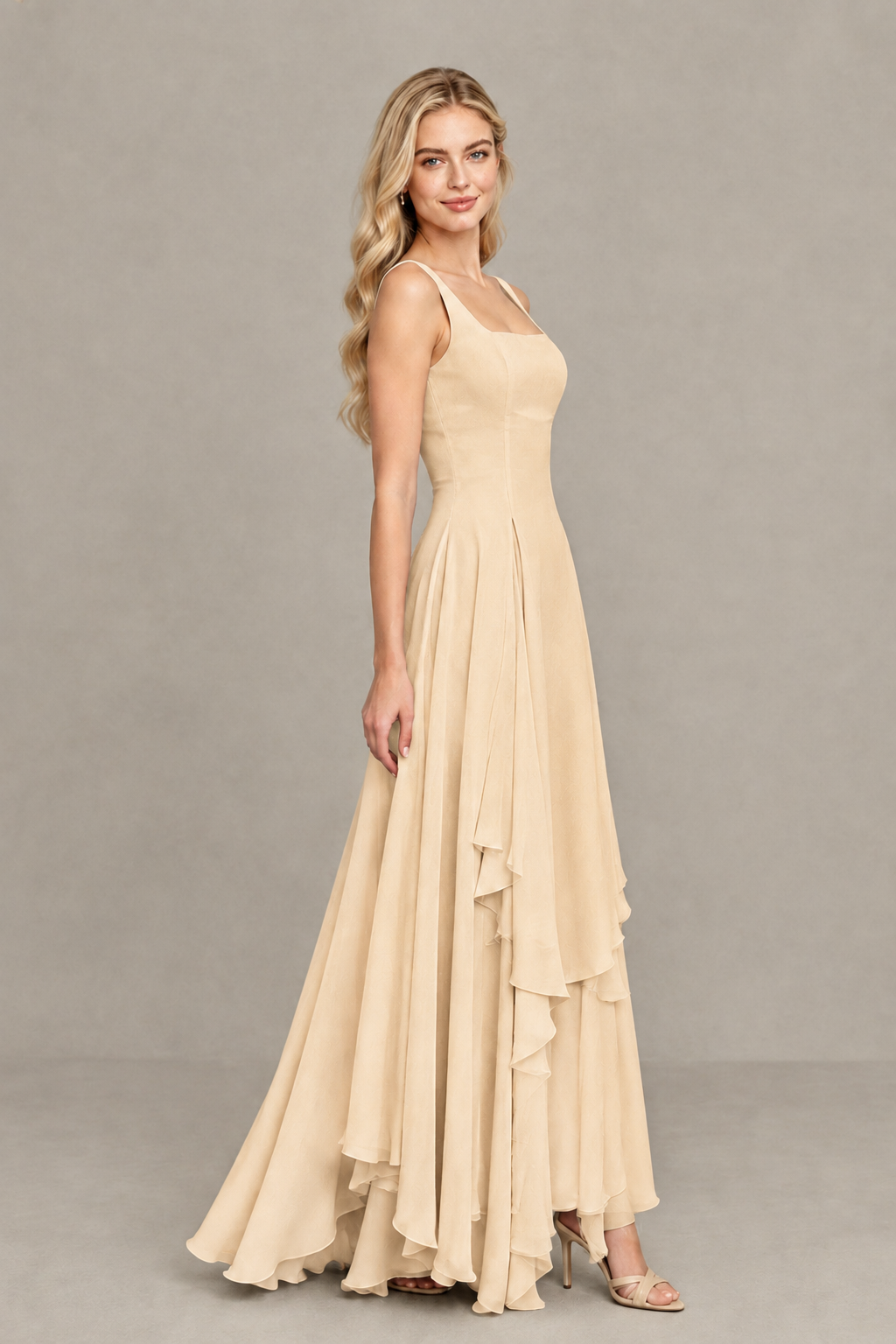 BOLODOO Champagne Square Neck Chiffon Bridesmaid Dress with Lace-Up Back - Champagne