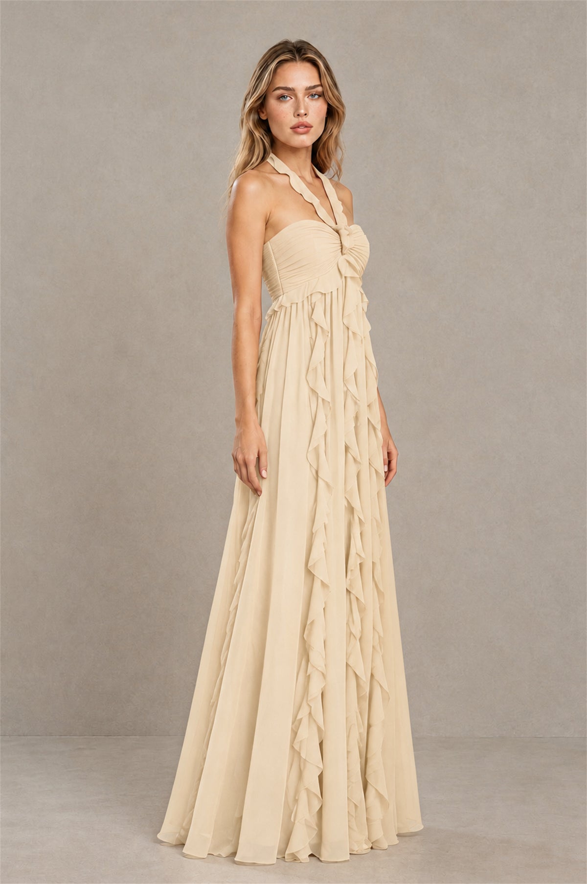 BOLODOO Champagne Halter Ruffle A-Line Floor-Length Evening Dress - Champagne - Champagne_3