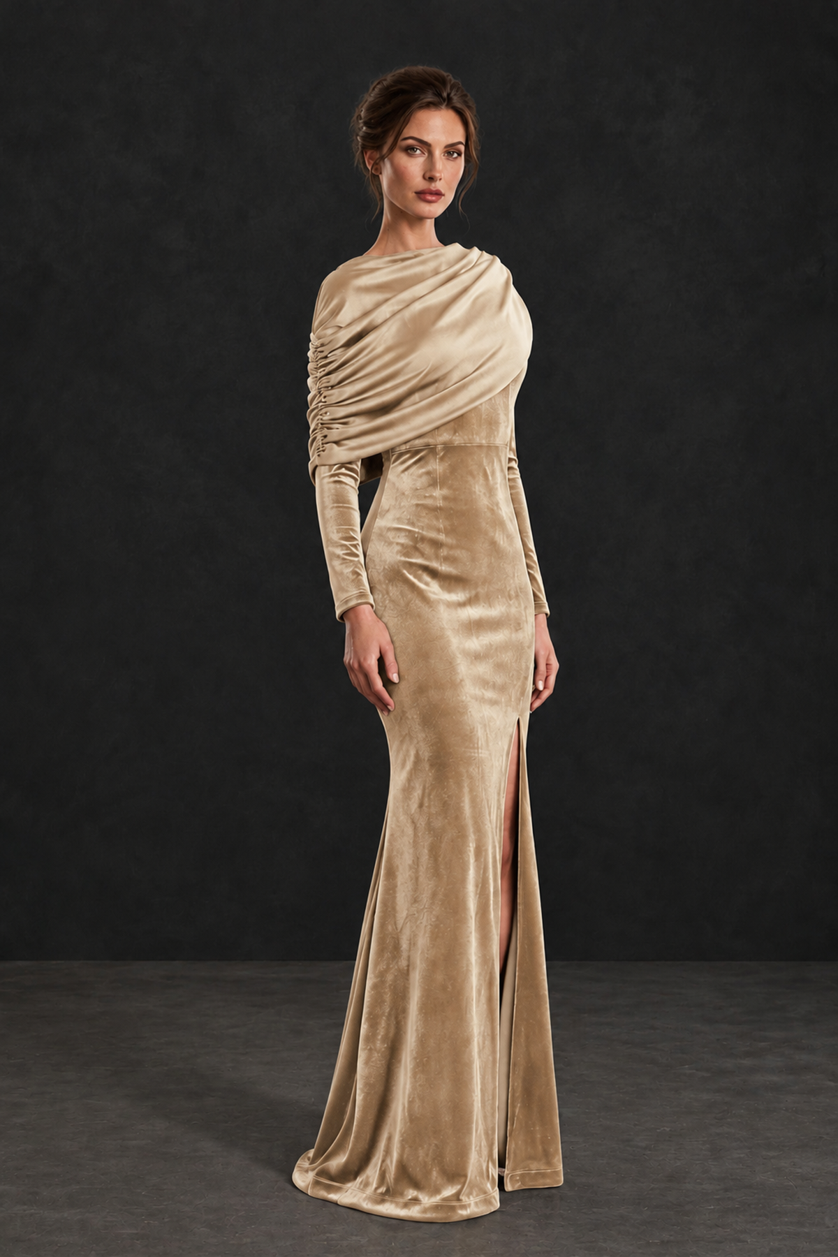 BOLODOO Champagne Velvet Long Sleeve Draped Mother of the Bride Dress - Champagne - Champagne_3