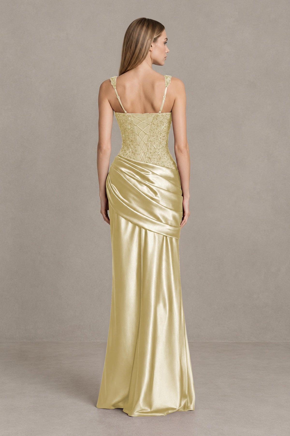 BOLODOO Champagne Square Neck Embellished Satin Evening Gown - Champagne