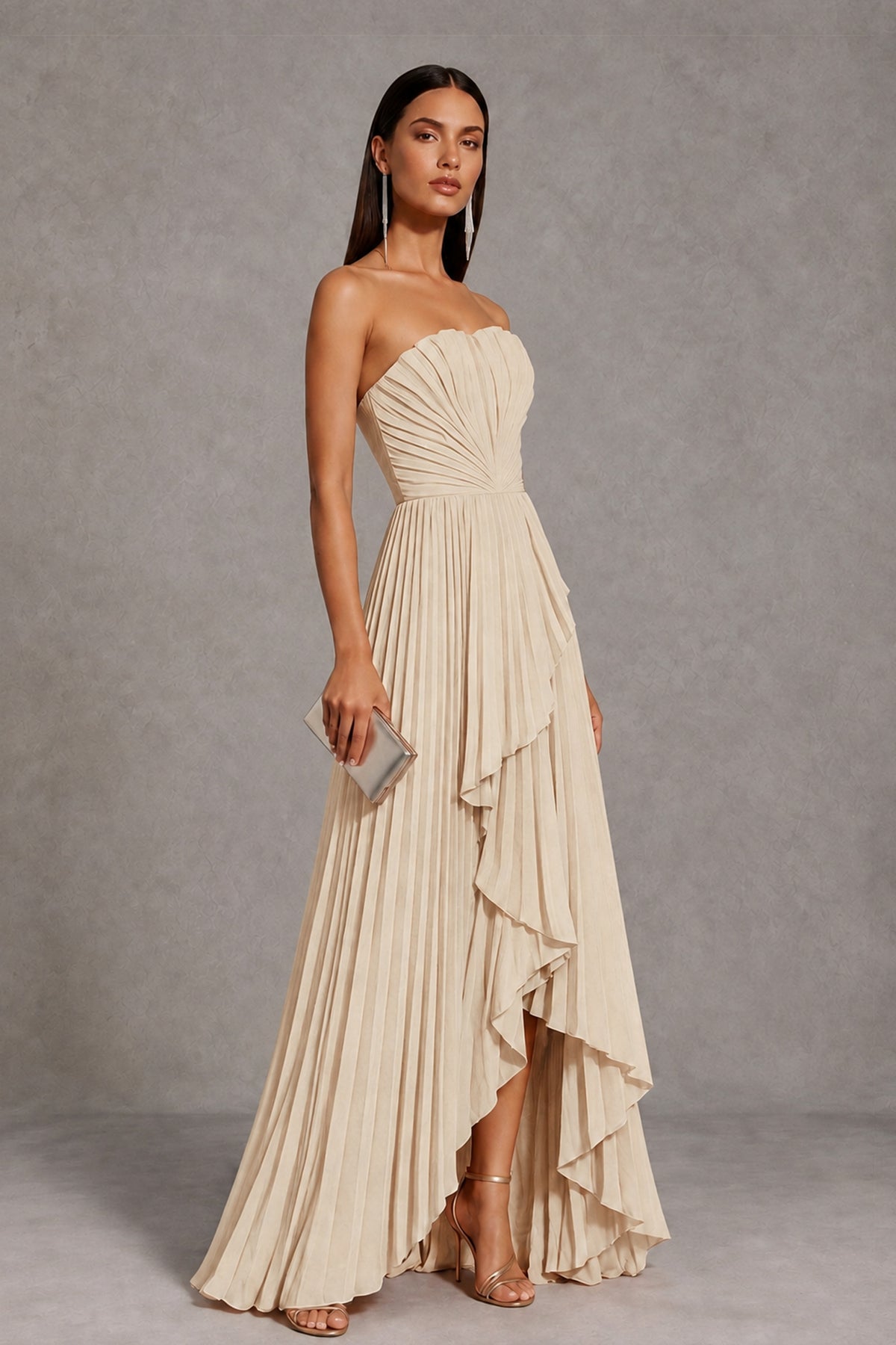 Champagne Strapless Pleated High-Low Evening Gown with Ruffle Hem - Champagne