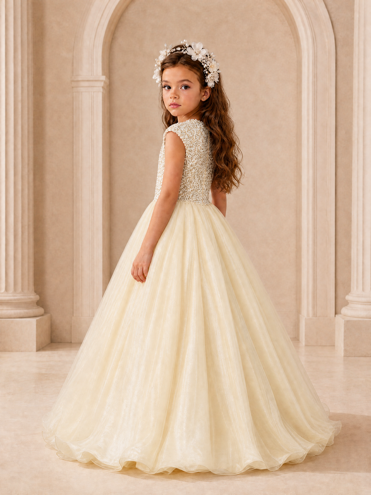 BOLODOO Champagne Sequin Tulle Flower Girl Dress with Cap Sleeves - Champagne - Champagne_4