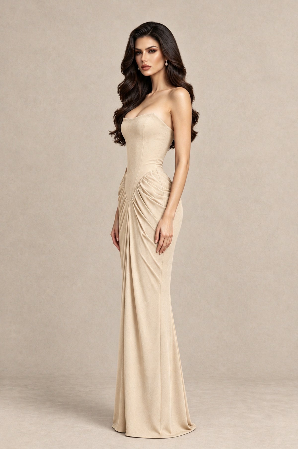 BOLODOO Champagne Strapless Ruched Corset Evening Gown - Champagne - Champagne_4