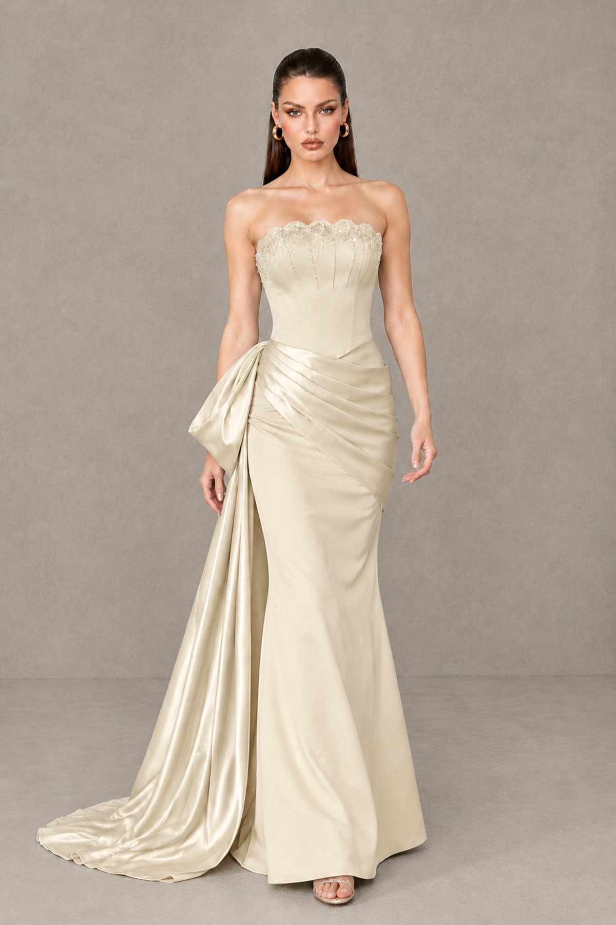 BOLODOO Champagne Strapless Satin Prom Dress with Draped Side Train - Champagne - Champagne_4