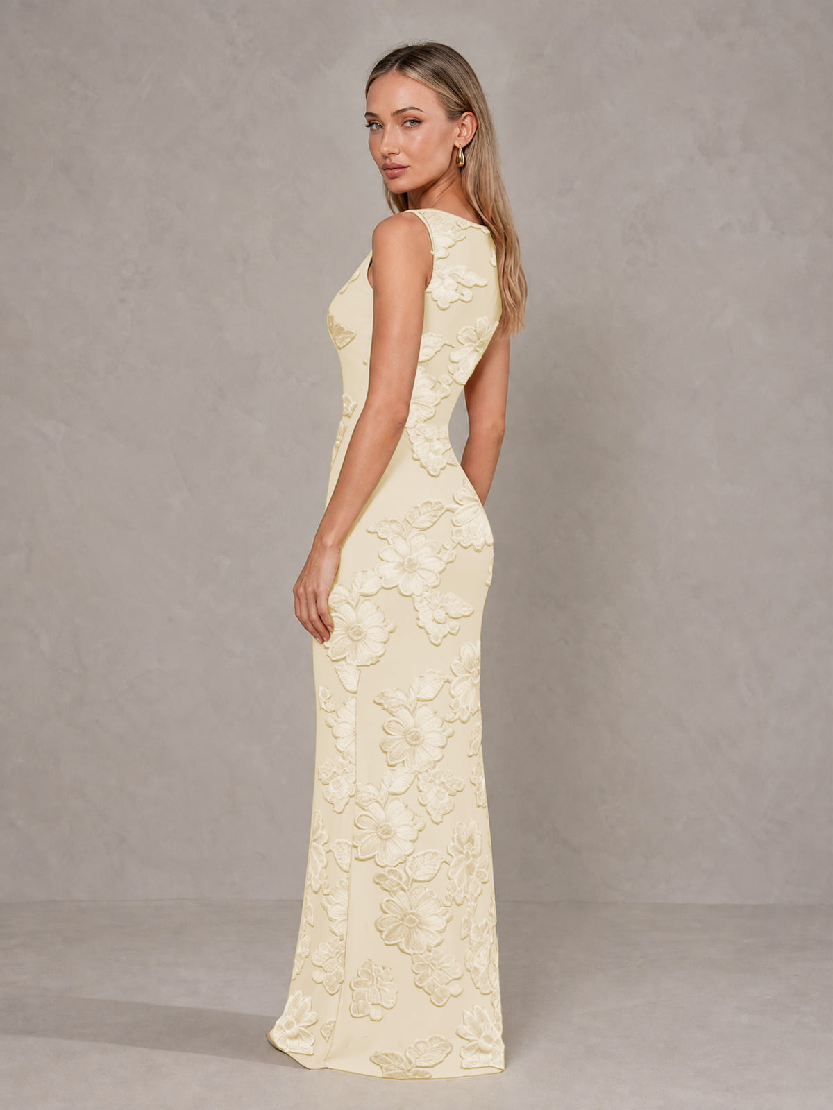 BOLODOO Champagne Floral Sleeveless Maxi Wedding Guest Dress - Champagne - Champagne(4)