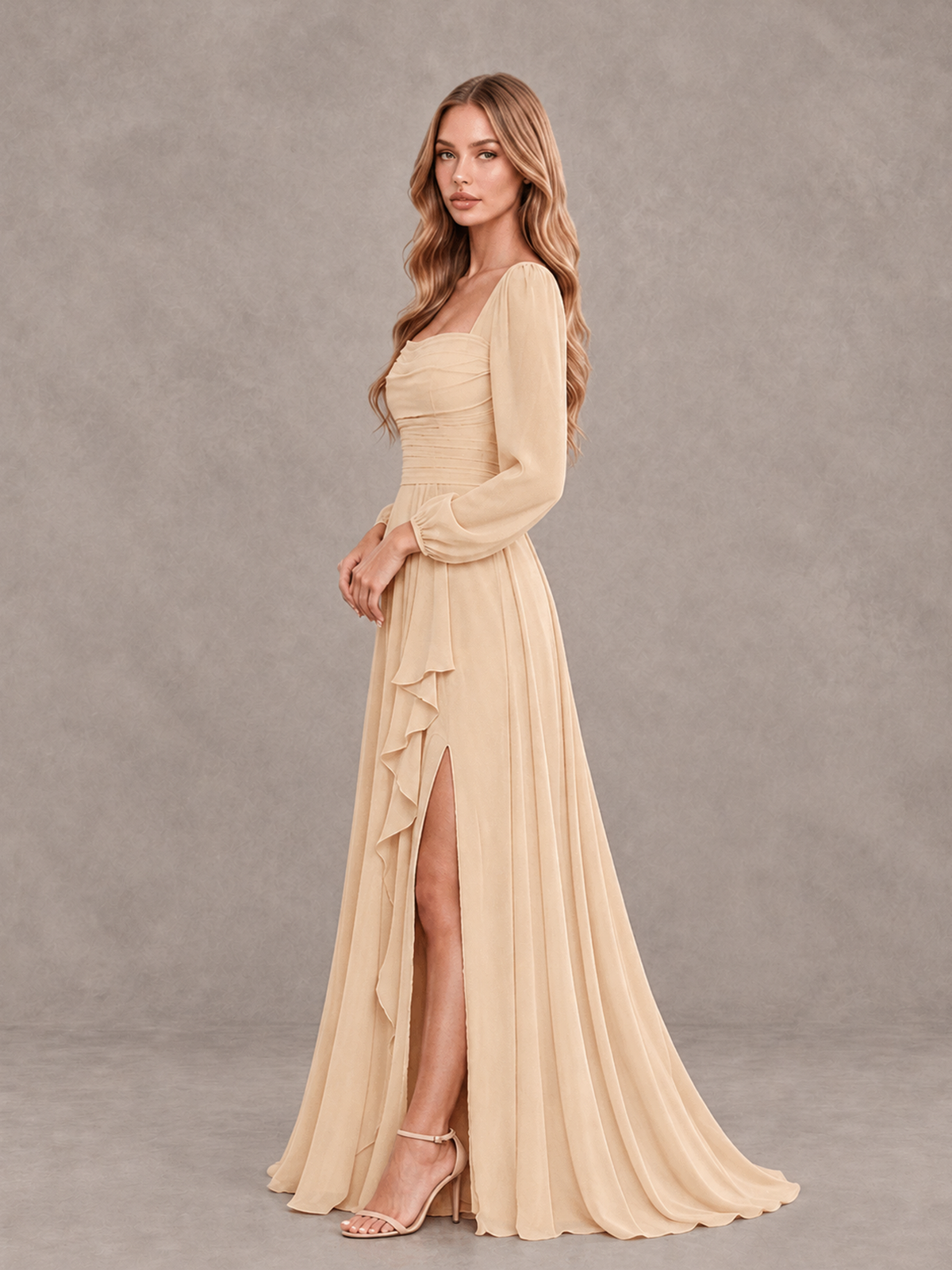BOLODOO Champagne Square Neck Long Sleeve Bridesmaid Dress with Ruffle Slit - Champagne - Champagne_4