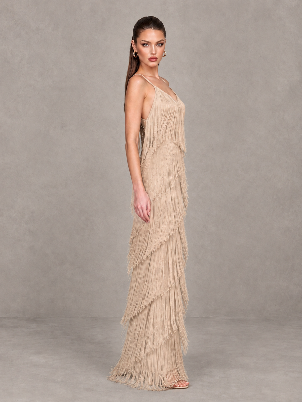 BOLODOO Champagne V-Neck Spaghetti Strap Fringe Maxi Evening Dress - Champagne - Champagne_4
