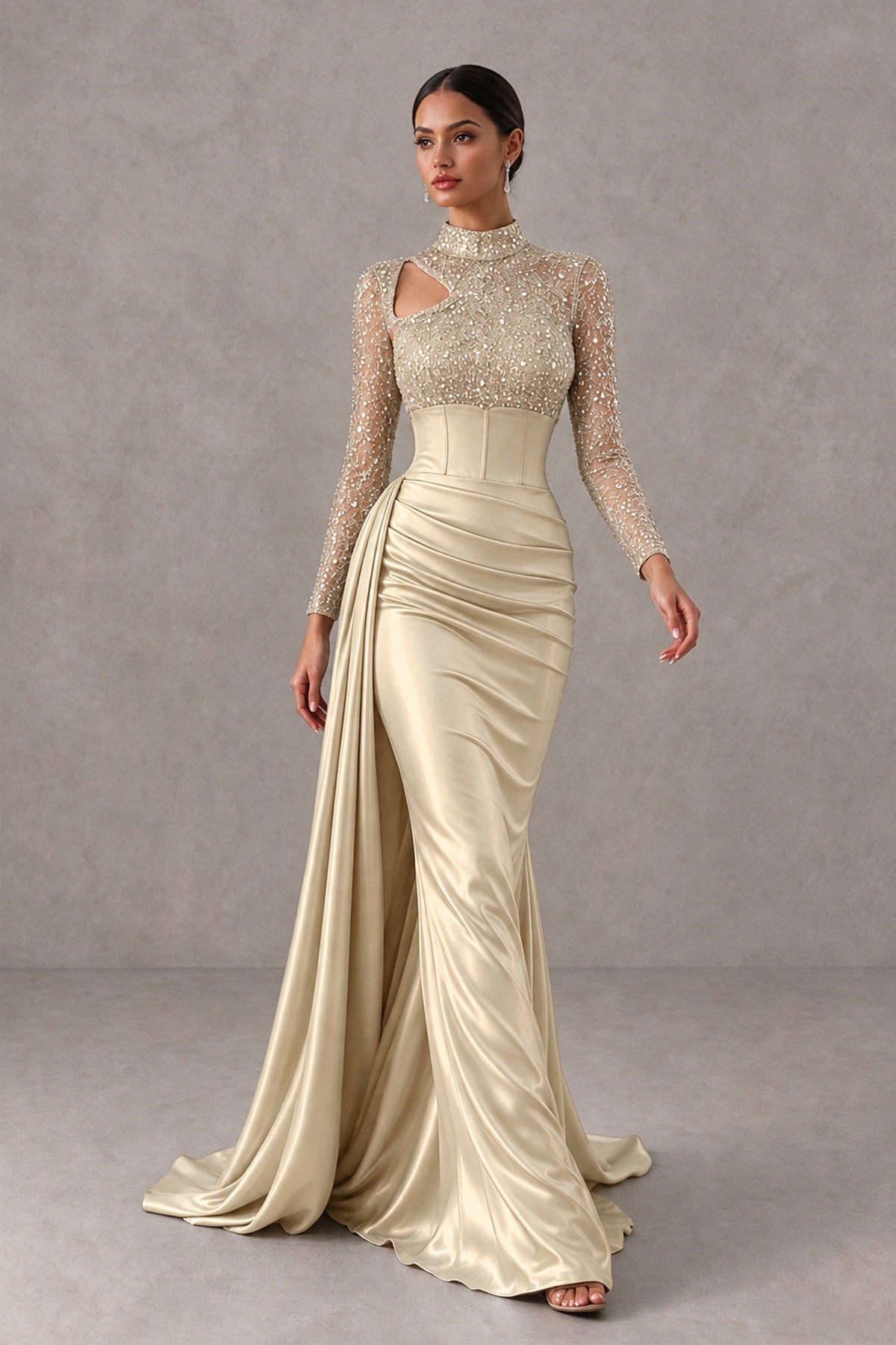 BOLODOO Champagne Long Sleeve Embellished Satin Mermaid Evening Gown - Champagne - Champagne_4