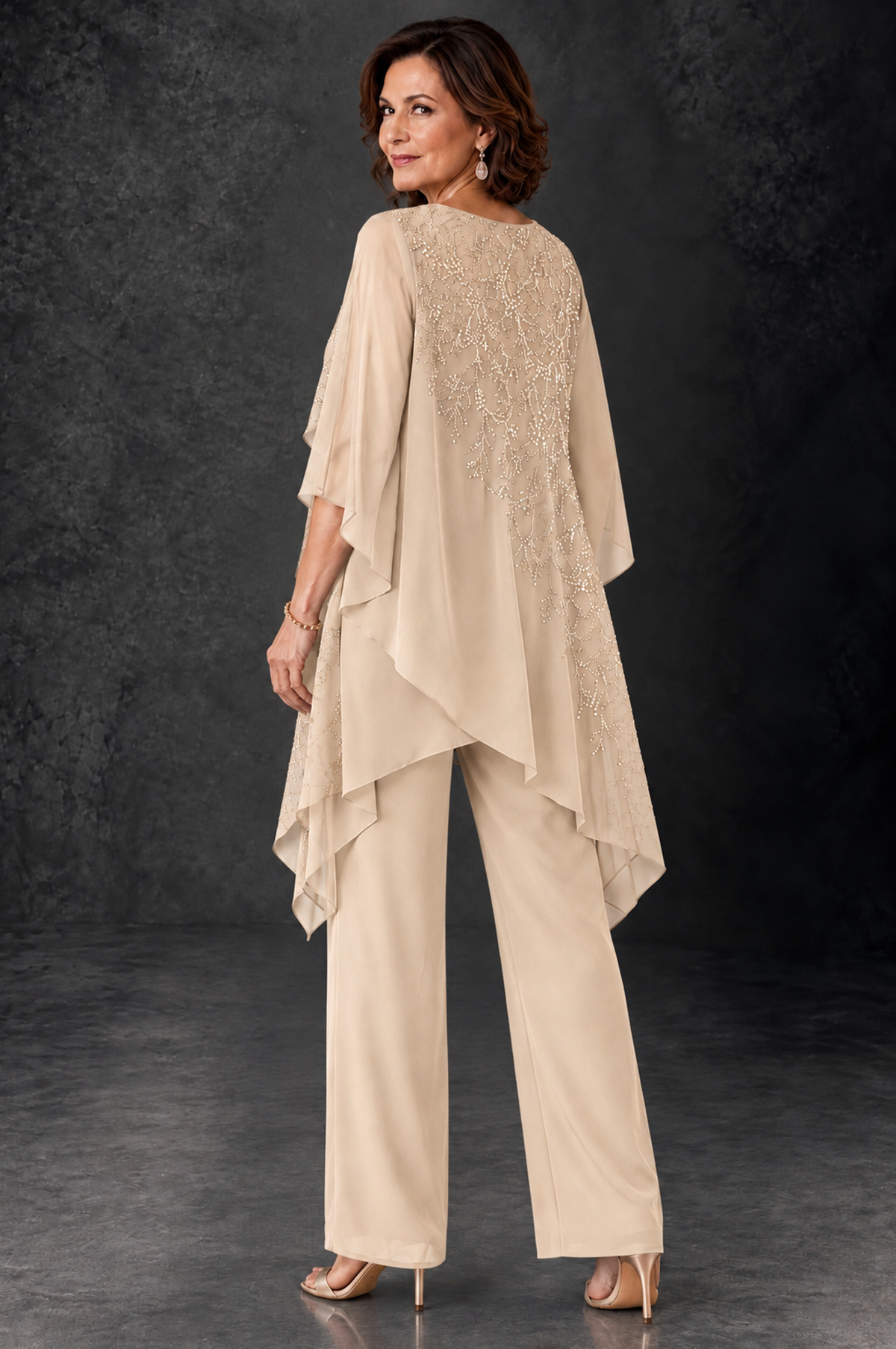 BOLODOO Champagne Embellished Cape Pant Suit for Mother of the Bride - Champagne - Champagne_4