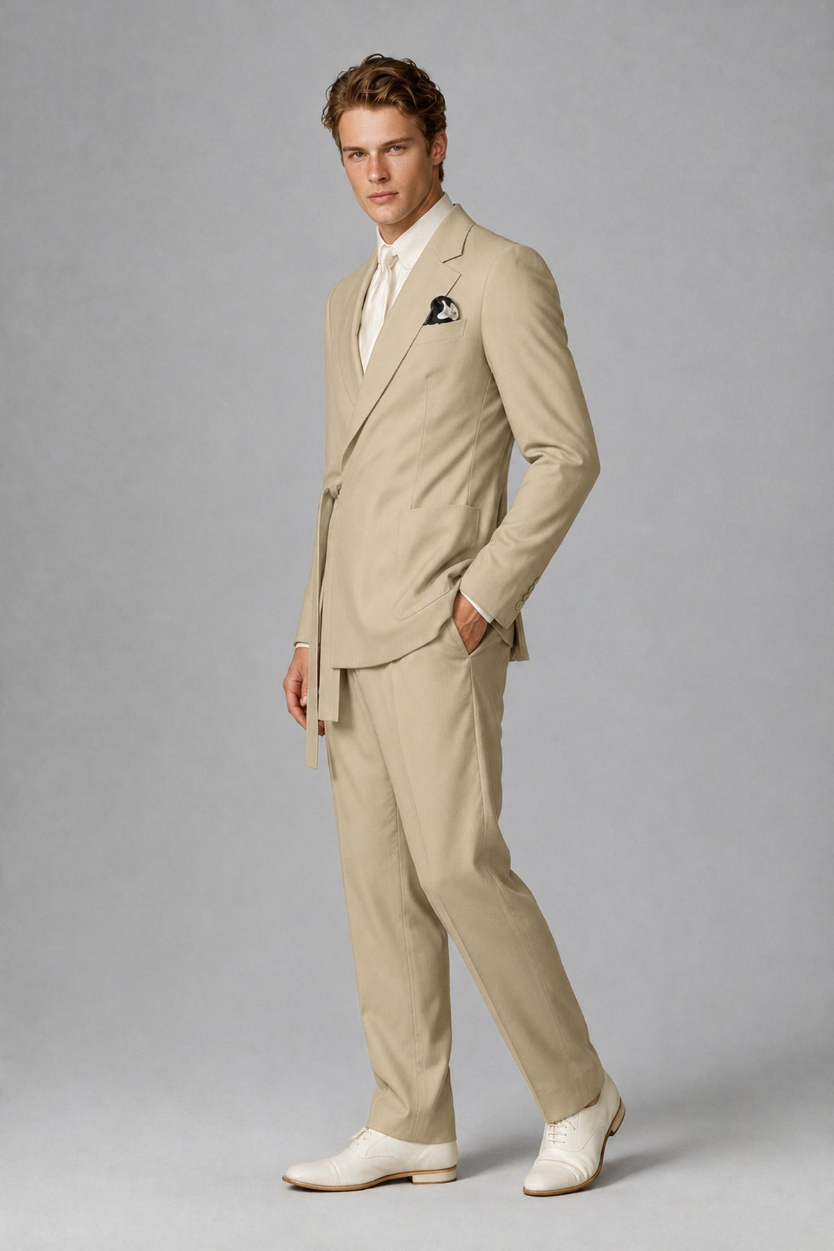 Bolodoo Men's Champagne Wrap Tie-Waist Two-Piece Suit – Jacket & Trousers - Champagne - Champagne_4