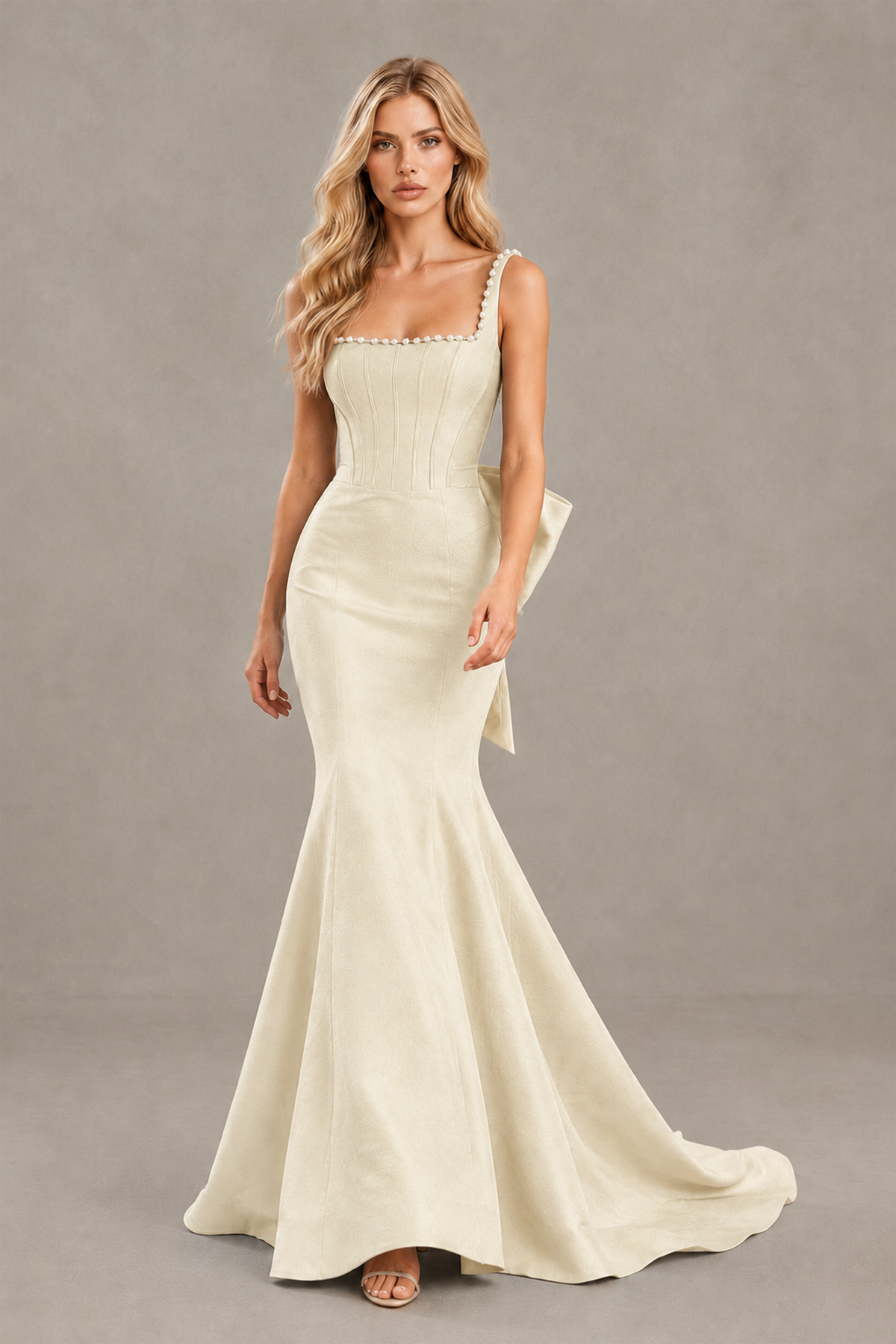 BOLODOO Champagne Pearl-Trim Mermaid Prom Dress with Back Bow - Champagne - Champagne_4