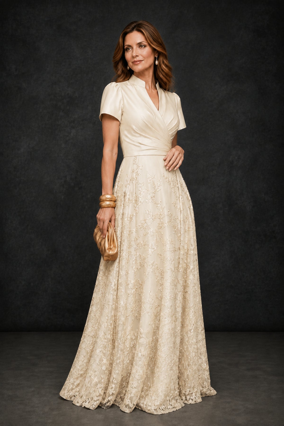 BOLODOO Champagne Satin Wrap V-Neck Short Sleeve Lace Glitter A-Line Floor Length Evening Gown – Formal Dress - Champagne