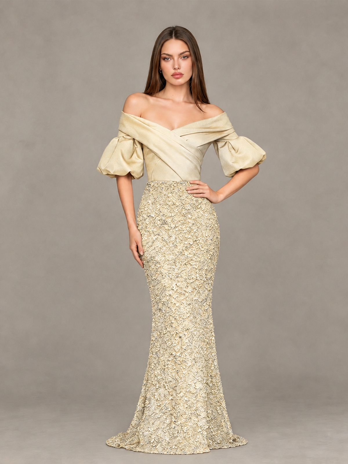 BOLODOO Champagne Off-Shoulder Puff Sleeve Sequin Mermaid Evening Dress - Champagne - Champagne_4