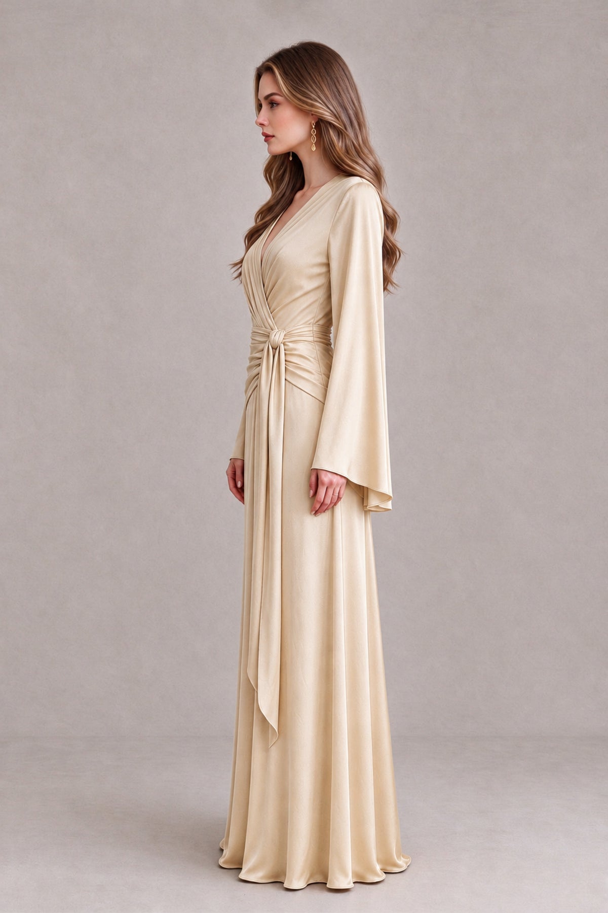 BOLODOO Champagne Yellow Satin-Look V-Neck Long Bell Sleeve Evening Dress - Champagne - Champagne_4