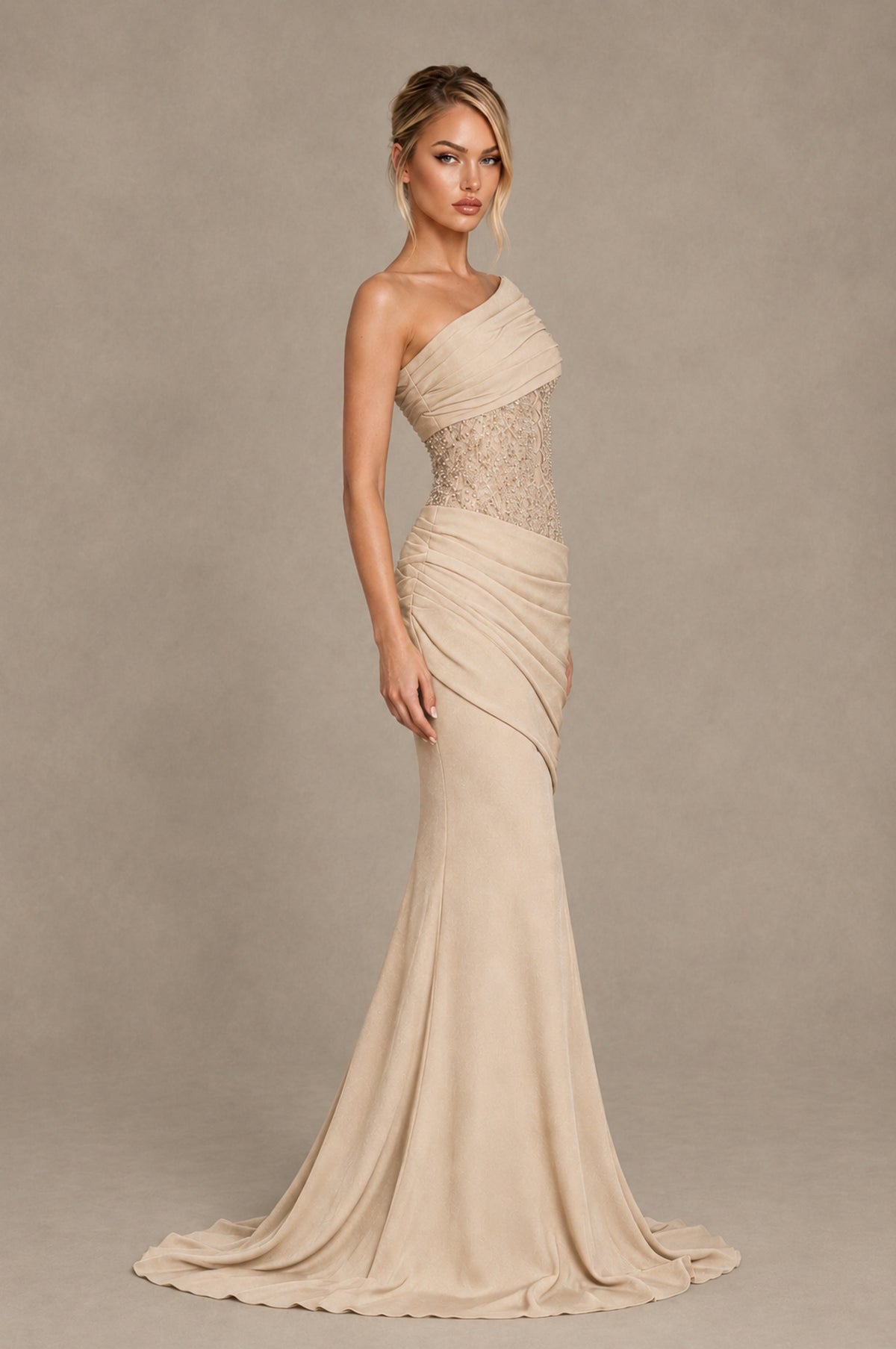 BOLODOO Champagne One-Shoulder Sequin Embroidered Ruched Mermaid Gown with Train - Champagne - Champagne_4