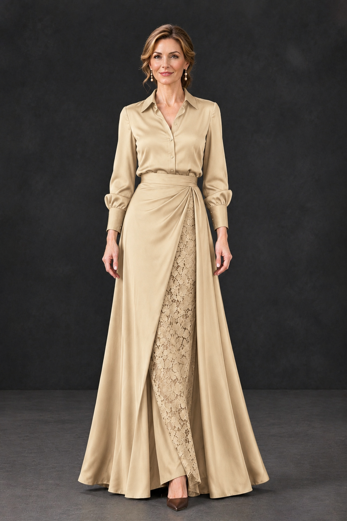 BOLODOO Champagne Long Sleeve Satin-Look Lace Panel Gown - Champagne - Champagne_4