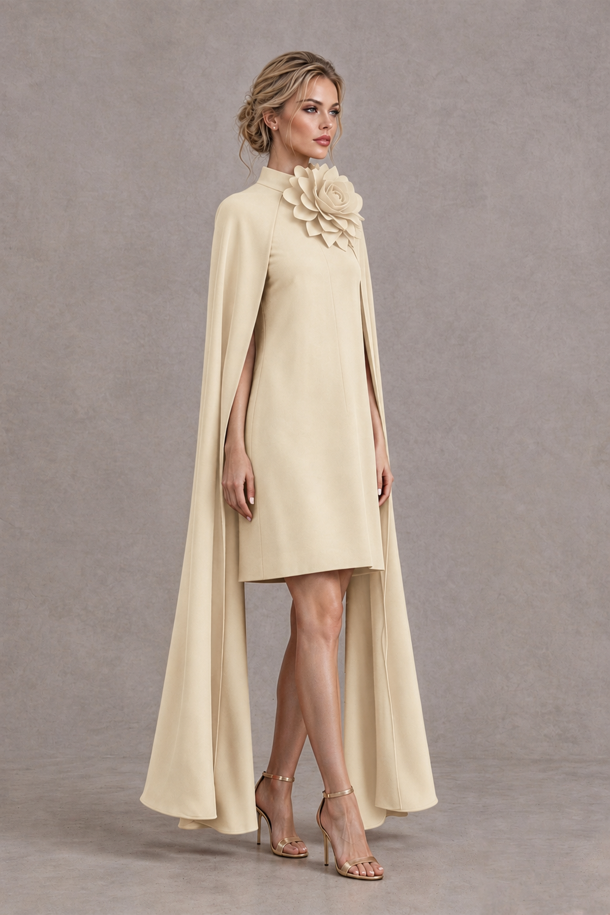 BOLODOO Champagne High Neck Floral Cape Mini Cocktail Dress - Champagne - Champagne_4