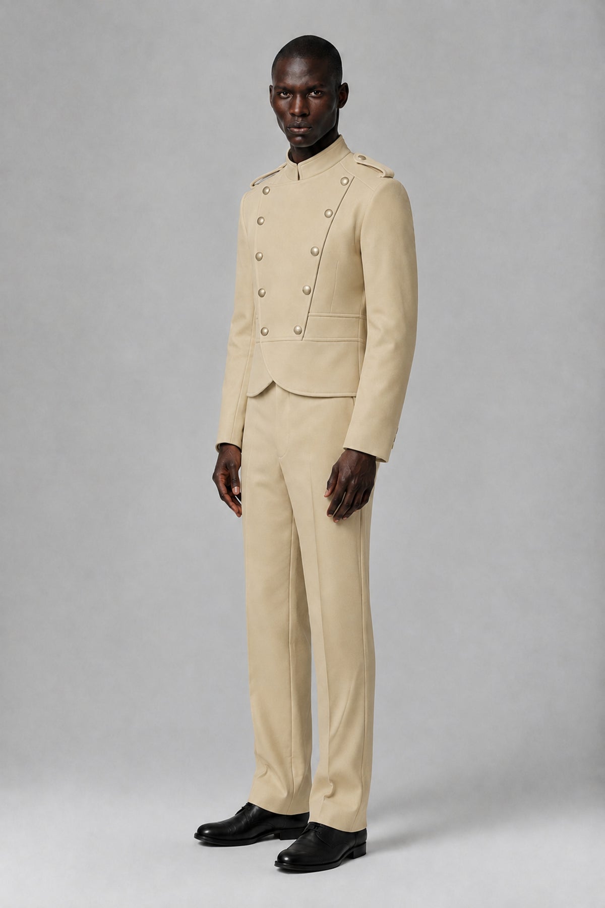 Bolodoo Men's Champagne Military-Inspired Two-Piece Suit with Stand Collar - Champagne - Champagne_4