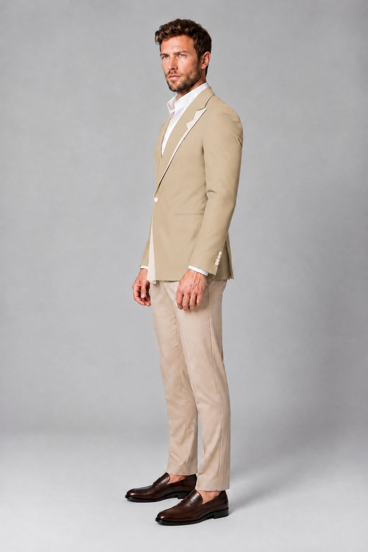 BOLODOO Men's Champagne Double-Breasted Blazer & Khaki Trousers Tuxedo 2-Piece Suit Set - Champagne - Champagne_4