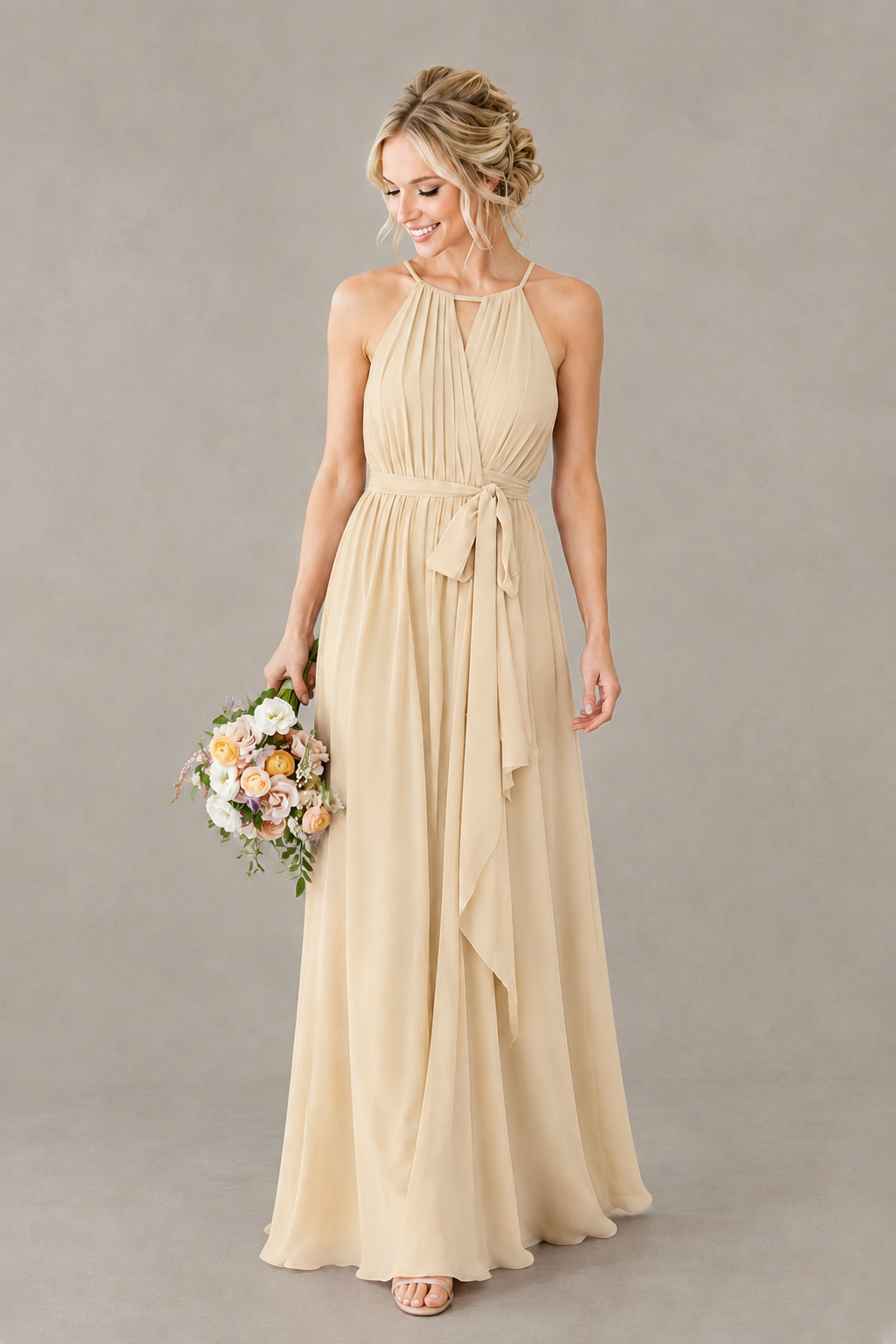 BOLODOO Champagne Halter Chiffon Bridesmaid Dress with High Slit - Champagne