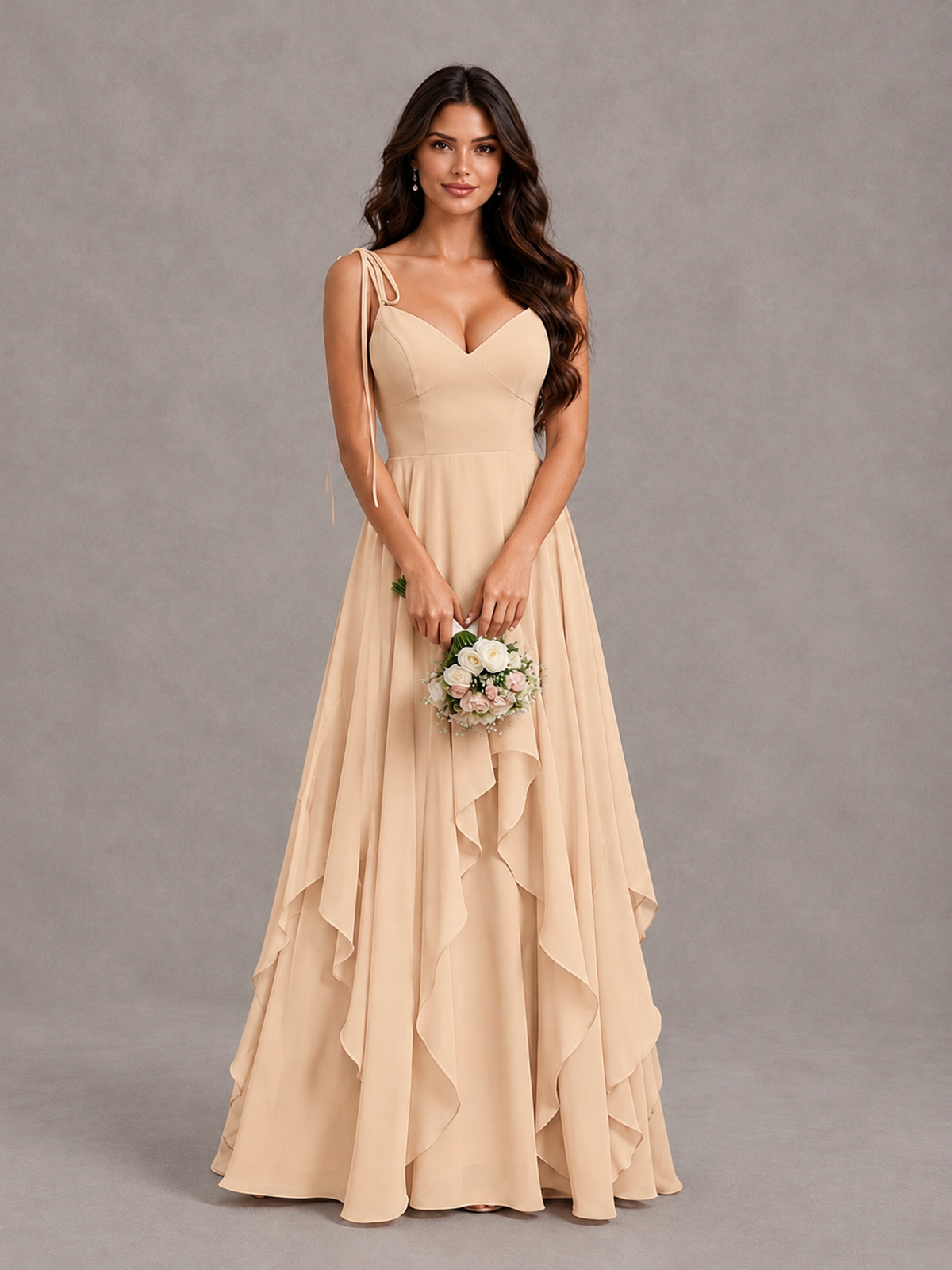 BOLODOO Champagne Tie-Strap Ruffle A-Line Bridesmaid Dress - Champagne - Champagne_4